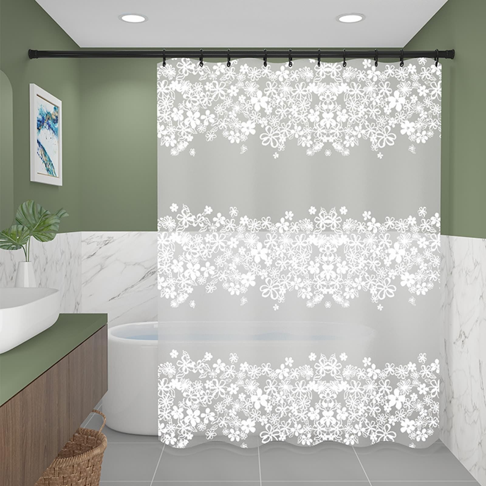 ANAZOZ Tenda Doccia Larghezza 150,Tenda Bagno Doccia Bianco Modello di Fiori Bianchi Semitrasparenti Tenda Bagno Finestra PEVA 150x200CM Tende Bagno con Anelli e Occhielli