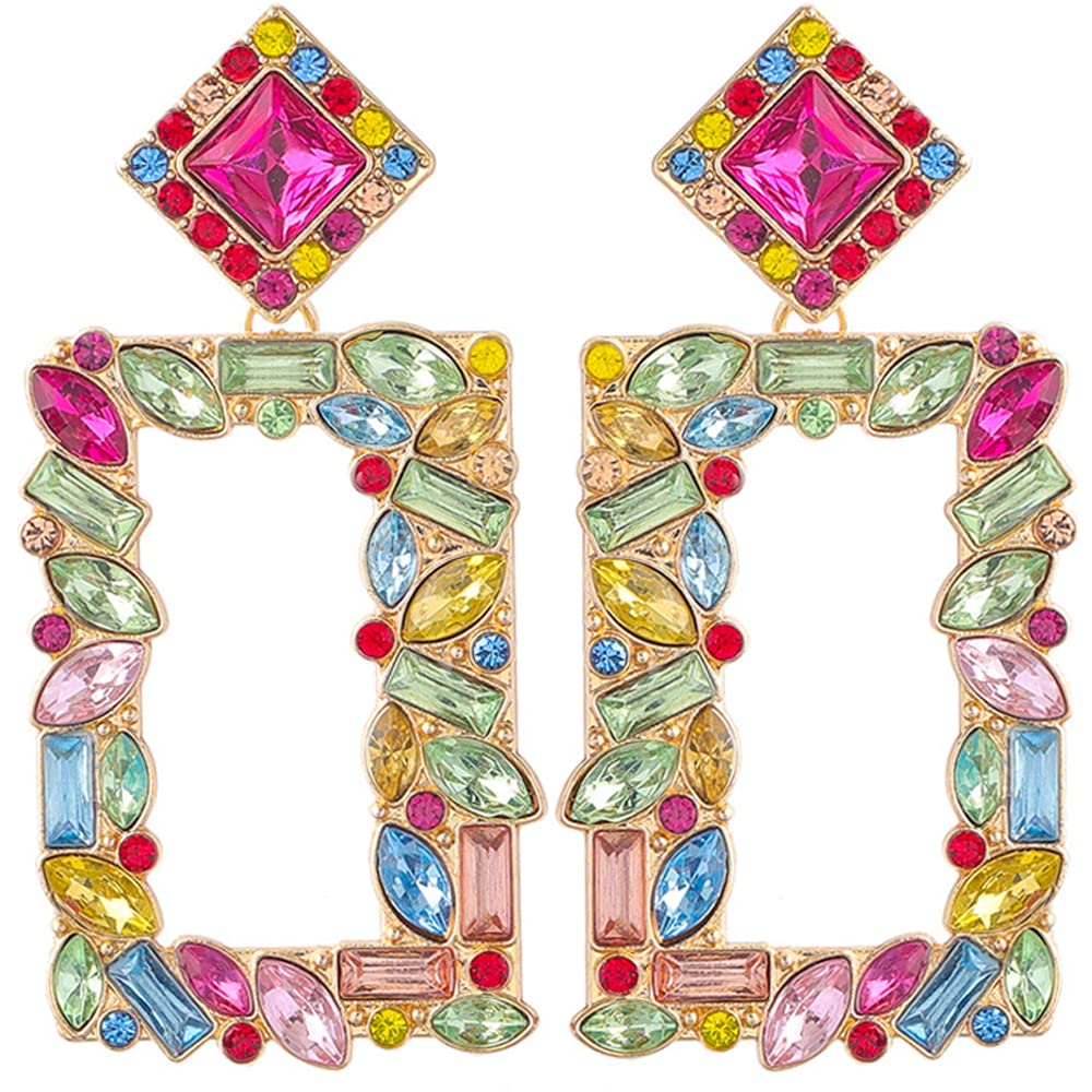Mlouye Square Rhinestone Dangle Earrings For Women, Sparkly Crystal Geometric Drop Statement Chandelier Earrings
