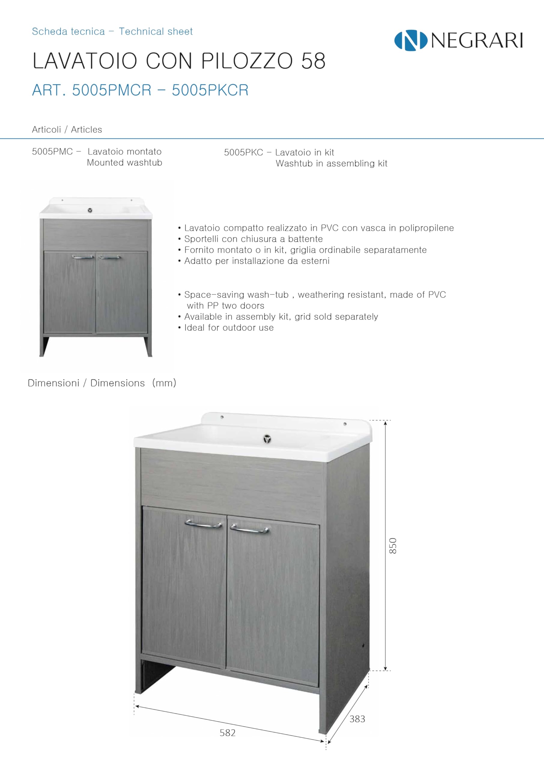 Negrari Lavatoio Salvaspazio in Resina PVC, Resistente all'umidità, Vasca resistente agli acidi di uso comune, Kit di scarico con pilettone in metallo, L58 x P38 x H85 cm, Bianco/Rovere