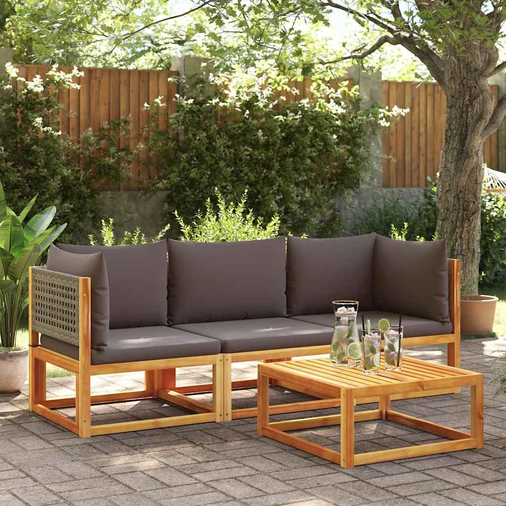 Narożnik ogrodowy z poduszką, drewno akacjowe i rattanowe, odporna na warunki atmosferyczne, 65 x 65 x 65 cm, szara, polirattanowa sofa z tapicerką, balkon, taras, przytulna, trwała