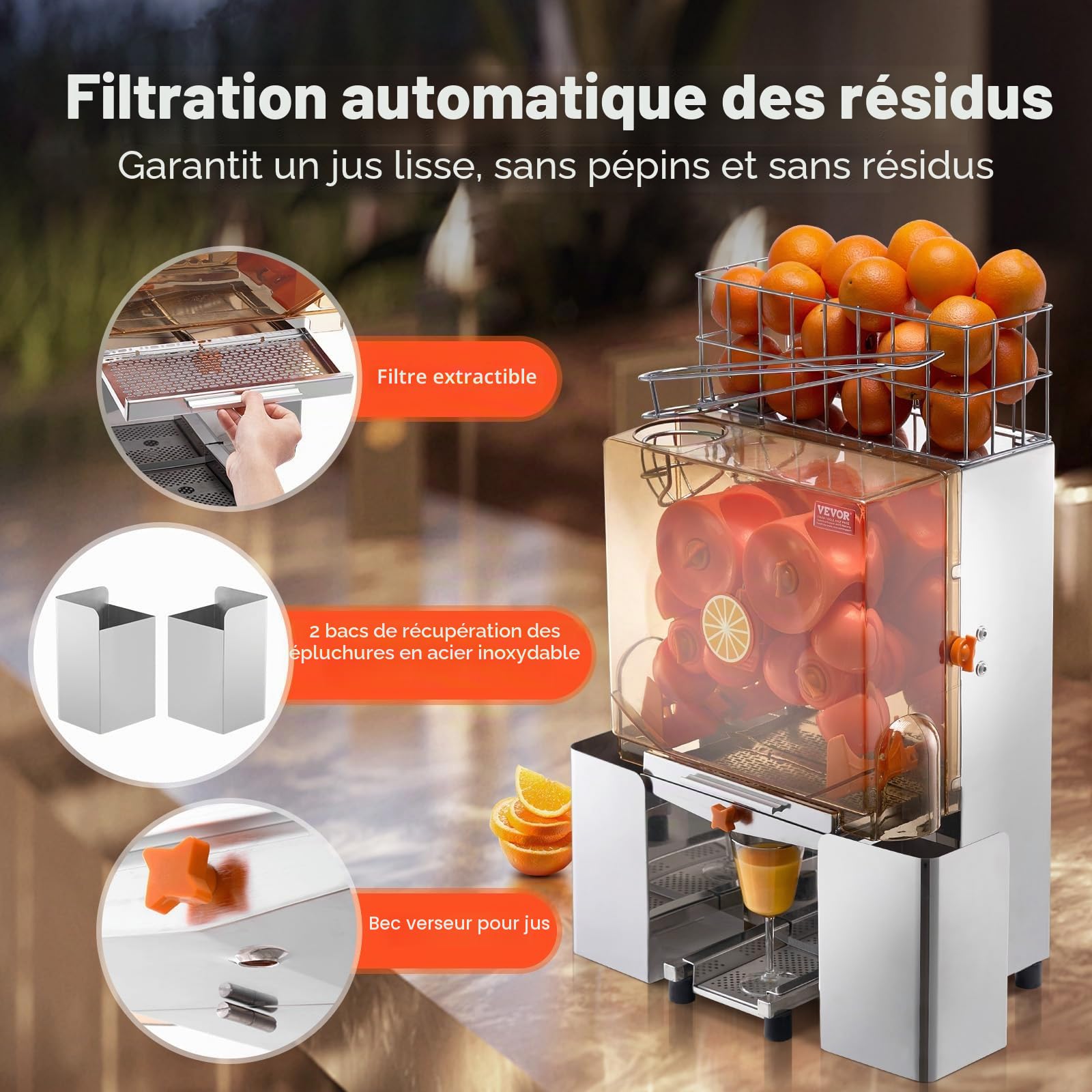 VEVOR Presse-Agrumes Électrique Commercial 120 W Extracteur de Jus Alimentation Automatique avec Filtre Extractible et Seau de Collecte d'Épluchure pour Orange Pamplemousse Restaurant Café Fruiterie
