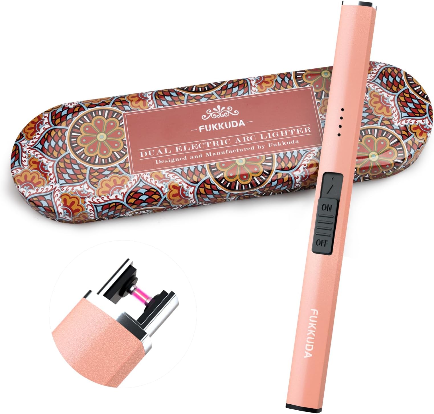 FUKKUDA Electric Candle Lighter with Gift Box - USB Rechargeable Windproof & Flameless Plasma Arc Lighter for Candles, Bohemia Box Rose Gold