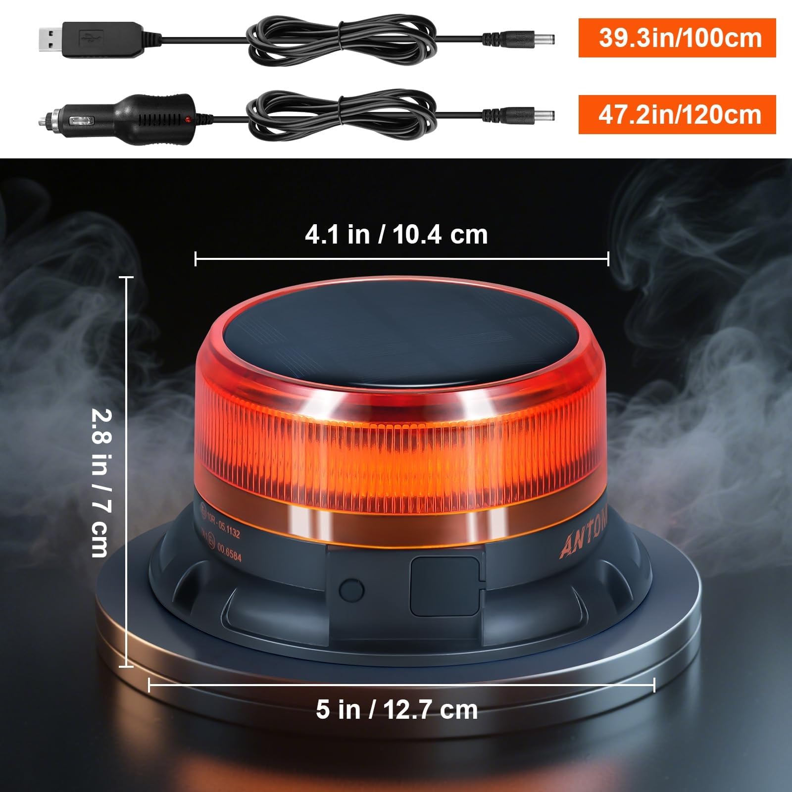 AnTom Gyrophare LED avec batterie solaire 9 modes de clignotement 12V 24V gyrophare orange magnétique avec câble et câble USB pour voiture, camion, tracteur, voiture de golf, véhicules d'urgence