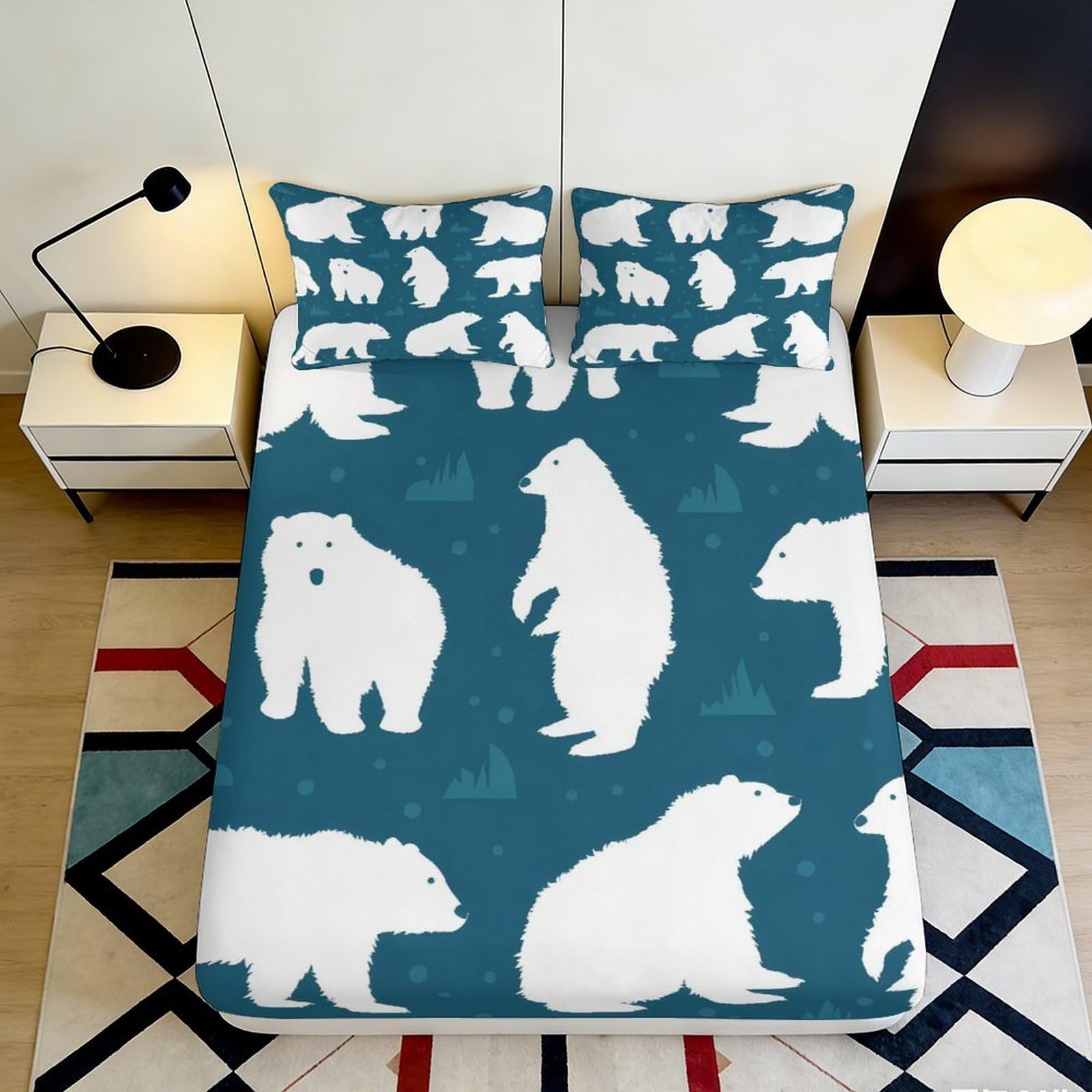 3D Printed Polar Bear Pattern Fitted Sheet Microfiber Soft Breathable White Bear Mattress Cover for Bedroom Dormitory Guest Room Protection Decor 120x200x25cm