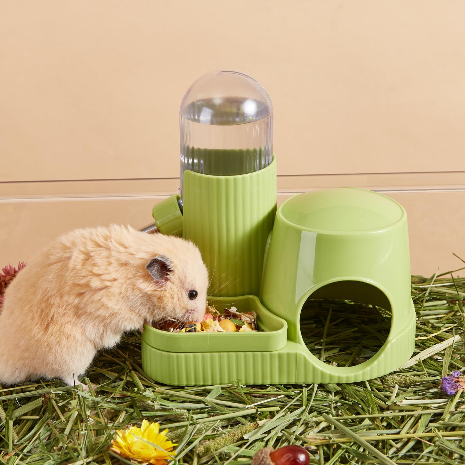 Bebedero 3en1 para Hámster Dispensador Automático Antifugas con Comedero y Base Escondite para Gerbil Rata Hámster Enano Ratón (Verde, 100ml) — view 4