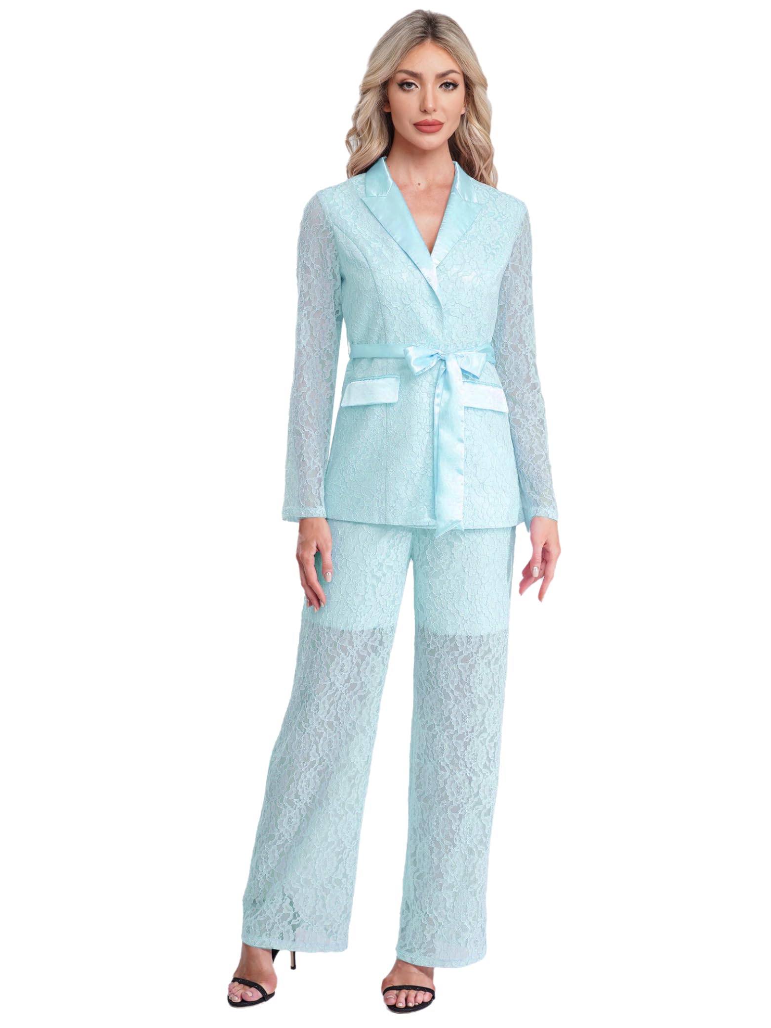 Sywiyi Women Blazer and Wide Leg Pants Set Long Sleeve Belted Blazer High Waist Trousers Set