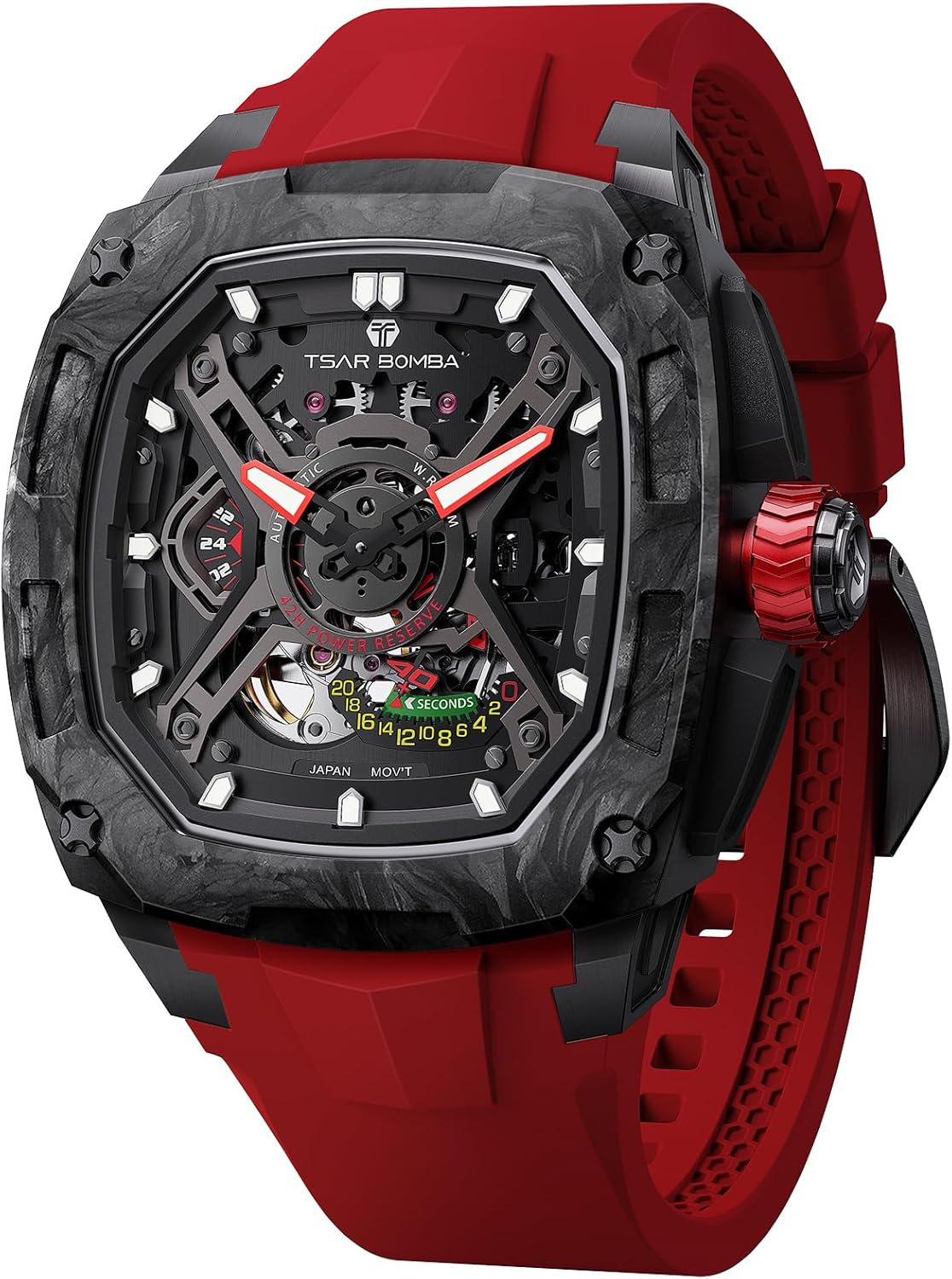 TSAR BOMBA Luxury Mechanical Watches for Men with Carbon Fiber Case Men Wristwatch Luminous 5ATM Water Resistant Men's Watch with Fluorine Rubber Strap Great Gifts for Men