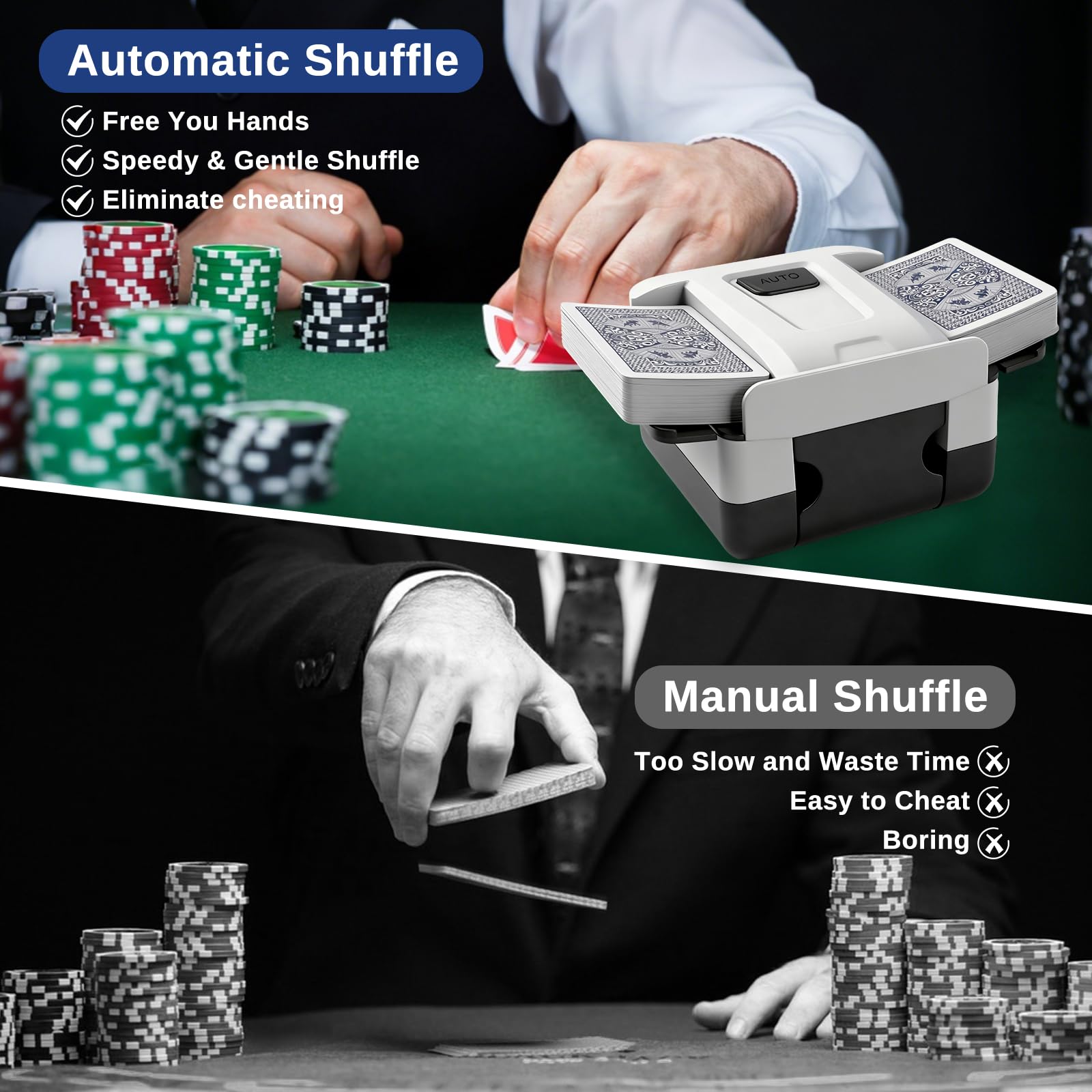 elzle Kartenmischmaschine Automatische, kleine tragbare elektrische Mischmaschine, EIN- / Zweideck-Kartenmischersortierer, 5s Quick Shuffle und USB wiederaufladbar für Familienparty-Kartenspiele