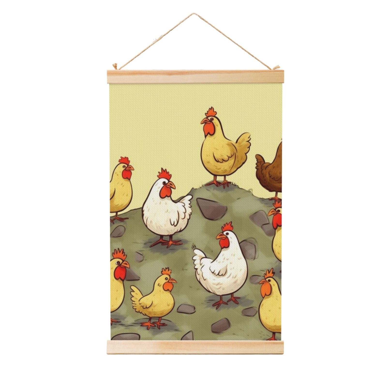 A Brood of Chickens Poster Wooden Shaft Hanging Poster Wall Hanging Banner Canvas Artwork with Wood Frames 36"x24" Modern Artwork Decor Ready to Hang Wall Art for Home Decor Scroll Painting