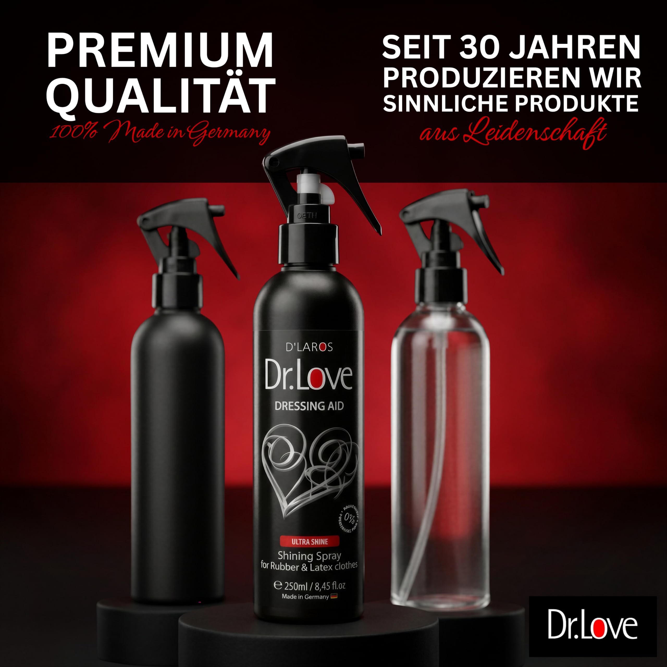 Dr.Love Premium Dressing Aid | 250 ml | Spray Shining Spray Soin au latex brillant & aide à l'enfilage pour elle et lui | Doux pour la peau | Huile de silicone pour latex | Soin du caoutchouc sans