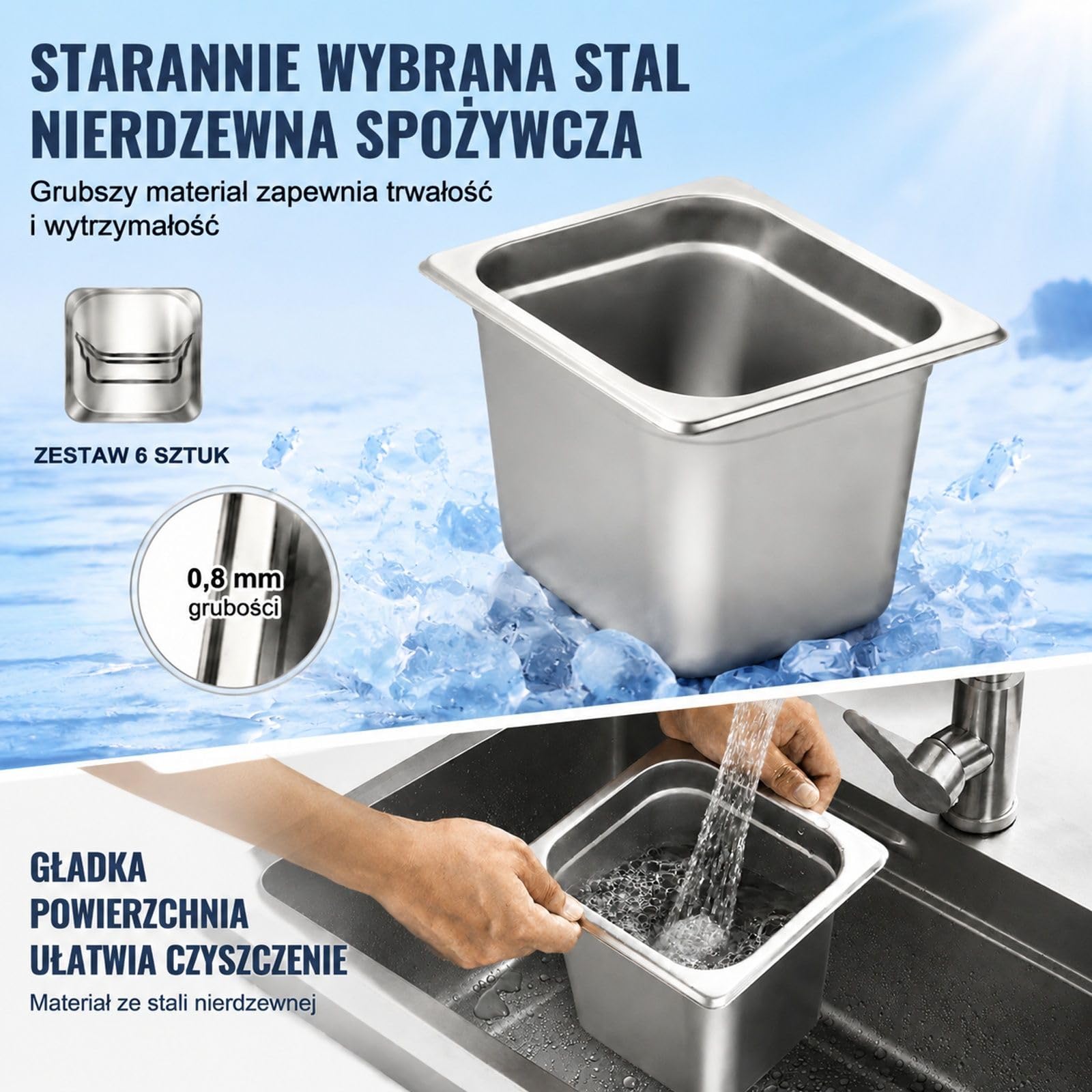 Pojemniki Gastronorm Zestaw 6 Sztuk, Rozmiar 1/6, Stal Nierdzewna 201, 2,42 l, Srebrne, do Bufetu Cateringu Kuchni