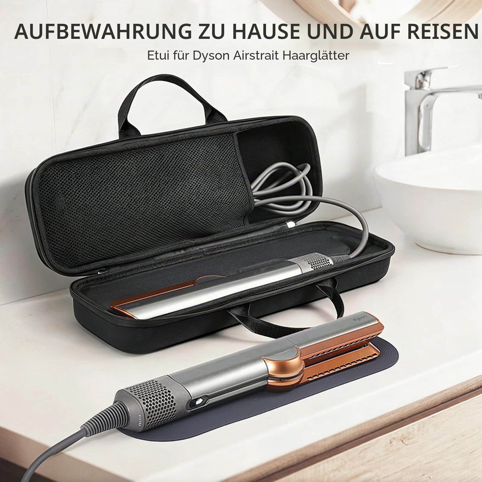 Hartschalen-Reiseetui Aufbewahrungstasche für Dyson Airstrait Haartrockner Glätteisen Tragbare Schutzhülle für Dyson Haarglätter (Schwarz)