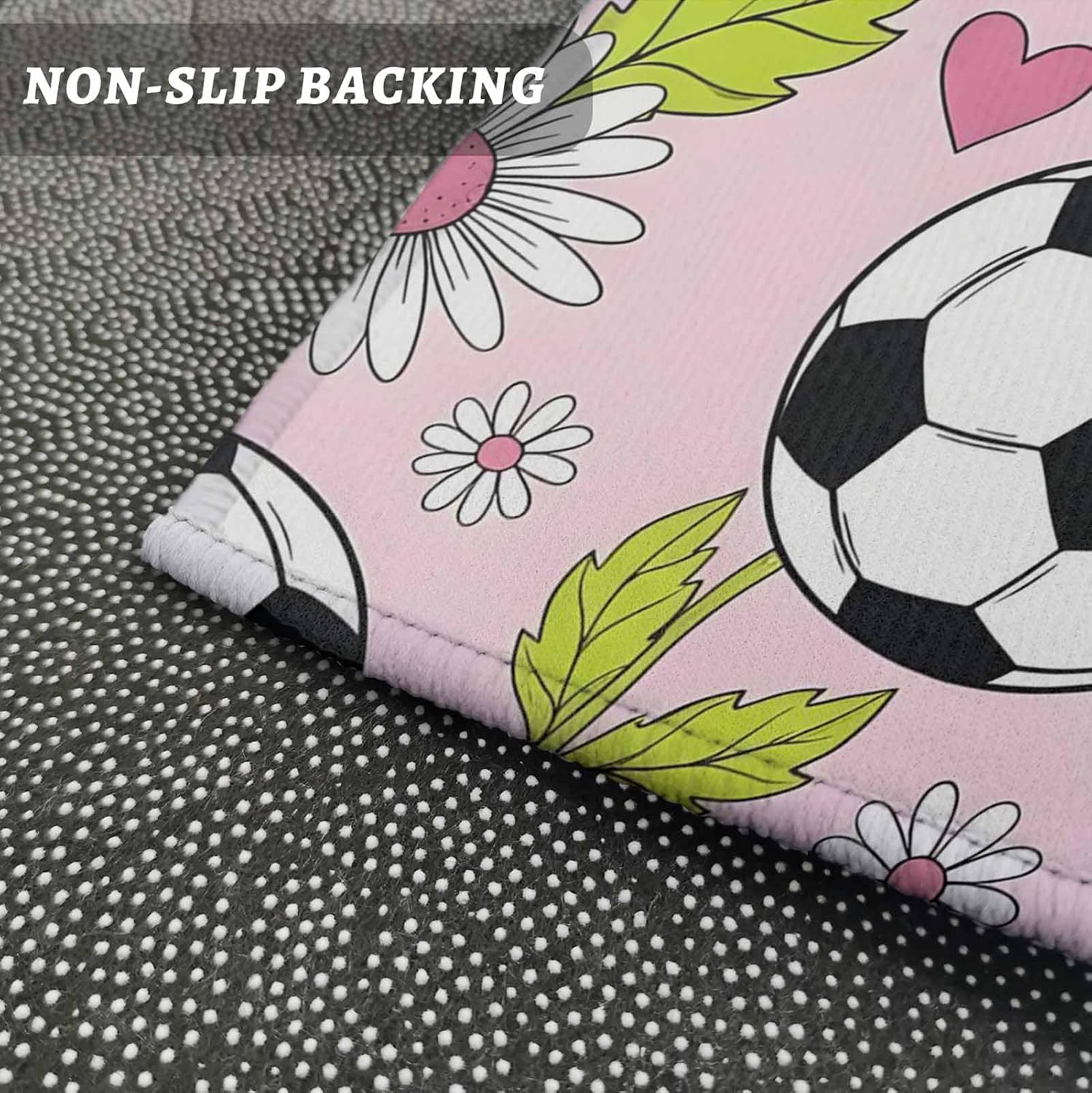 Teamery Kitchen Mats for Floor Football Daisy Flower Leaf Washable Non Slip Kitchen Rugs 2PCS, Pink Love Heart Sports Theme Absorbent Standing Mats for Sink Office Living Room 15.7x23.6in+15.7x47.2in