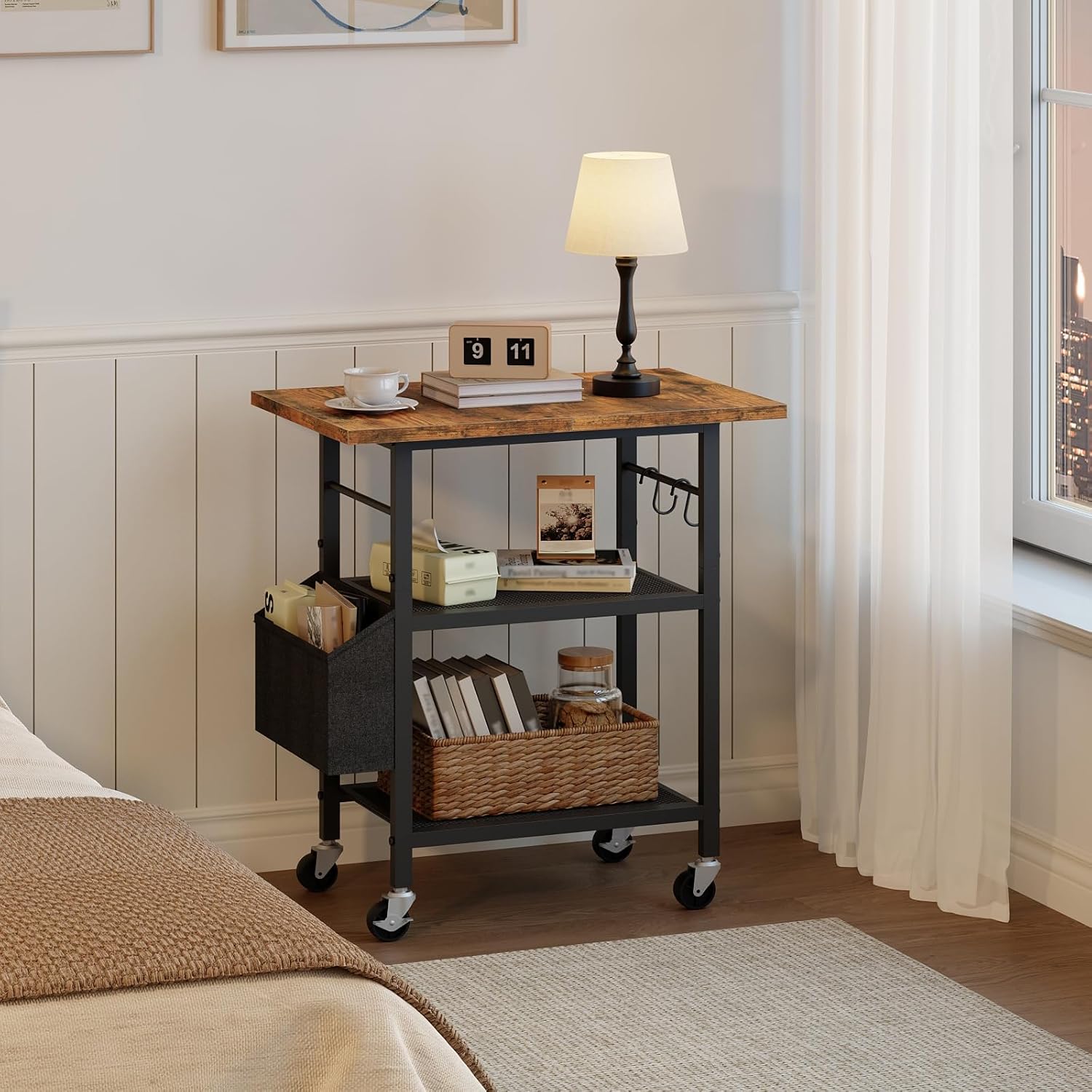 MAHANCRIS 3-Tier Printer Stand, Rolling Printer Table on Wheels, Industrial Storage Stand with Side Pocket, Wooden Tabletop, 2 S-Shaped Hooks, for Home Office, Rustic Brown and Black PTHR2501