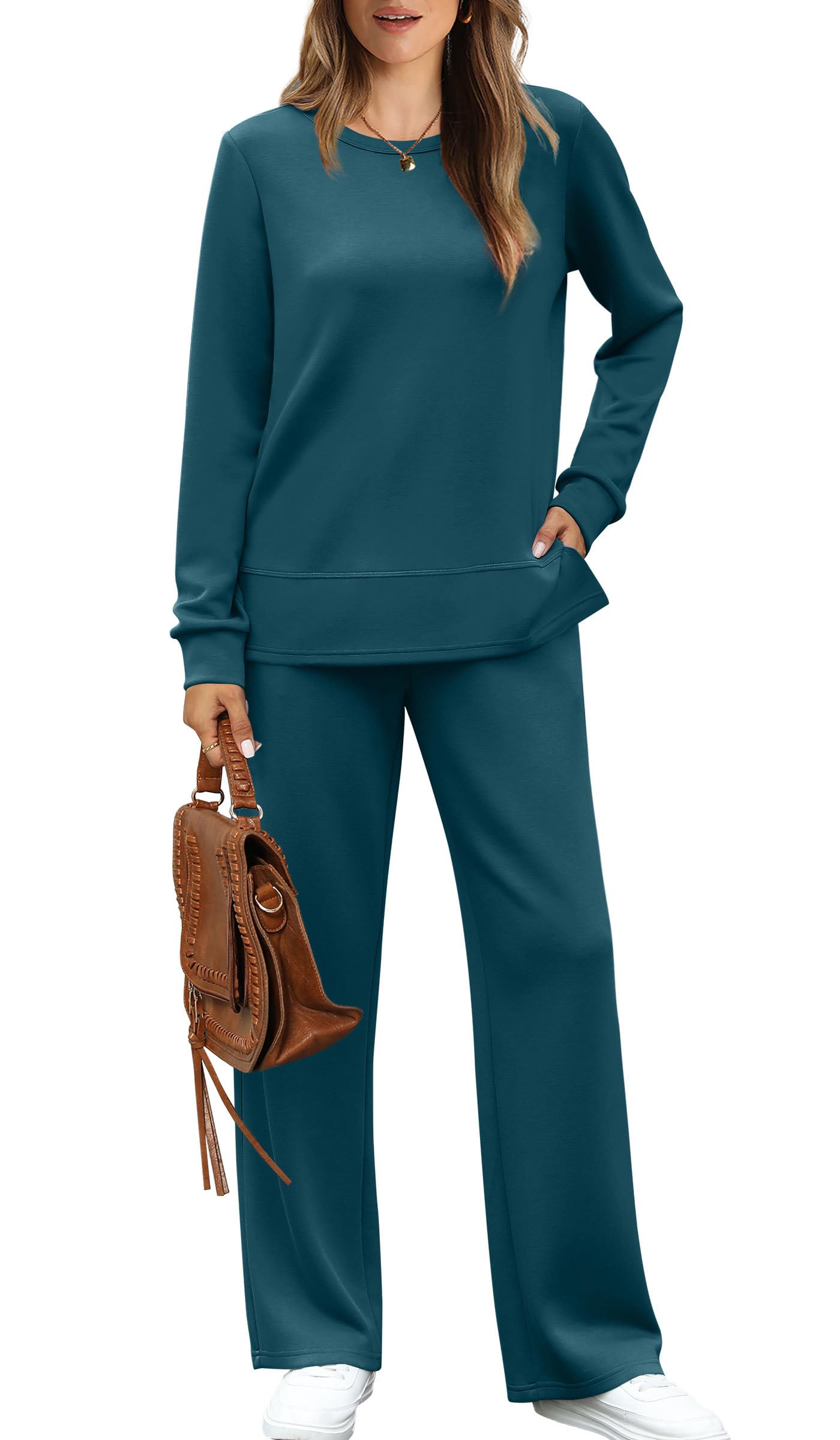WIHOLL Women's 2 Piece Lounge Sets Sweatshirt Casual Travel Outfits Fashion Wide Leg Tracksuit Cozy Sweatsuits