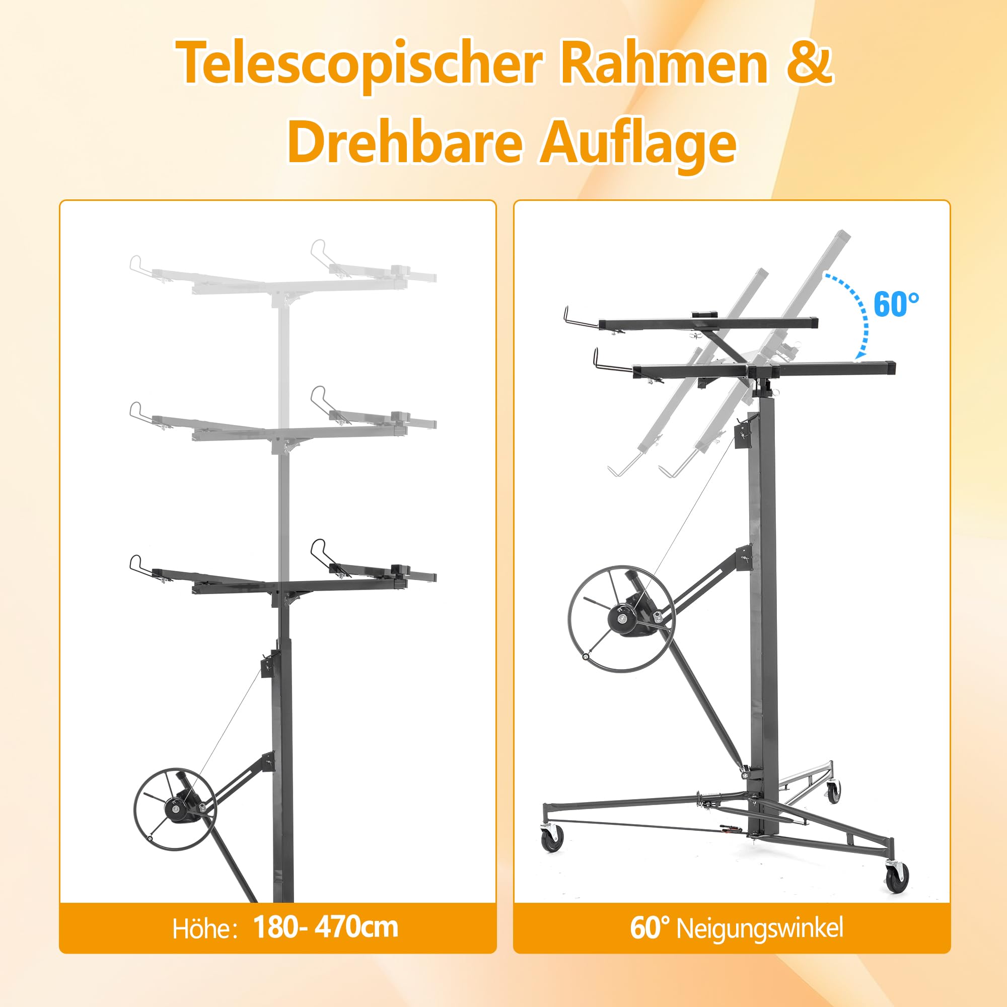 Plattenheber Trockenbau, Plattenlift Bis Max. 68 kg, Höhe 180-470 cm, 60-Grad-Neigung, mit 3 Bremsrädern, Hebevorrichtung Lastenheber für Decken und Wände, Grau, HD26041502