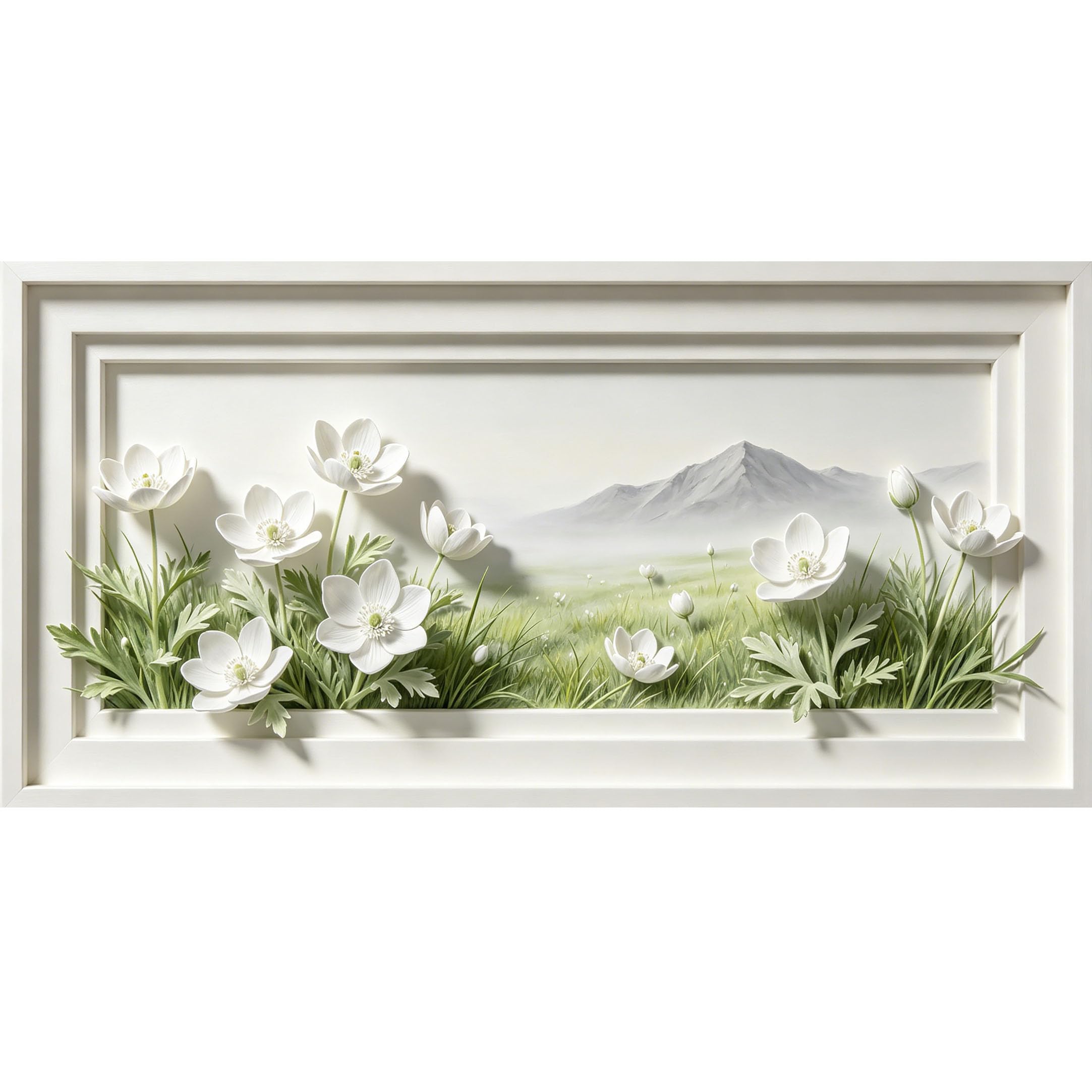 Agglomerix 3D Framed Wall Art White Blossom Meadow Mountain Landscape Botanical Relief Effect Large Size Self-Adhesive Removable Wall Decor Prints Artwork for Living Room Bedroom Office