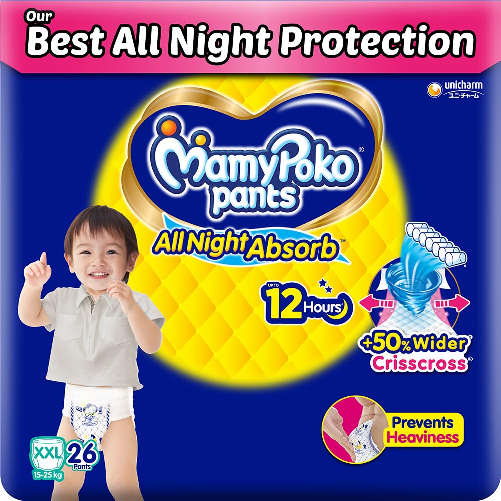 Mamypoko pants All Night Absorb| Pant Style Baby Diapers XX- Large Size(XXL), 26 Count, Ideal for 15-25Kgs|+50% wider and repeated absorption for all night 12hr protection from leakage, prevents heaviness.