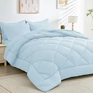 HEVUMYI Twin Comforter Set - 5-Piece All Season Bed in a Bag Twin, Ultra Soft Bedding Set with Comforter, Flat Sheet, Fitted Sheet, Pillowcases, Pillow Shams, Greyish Blue