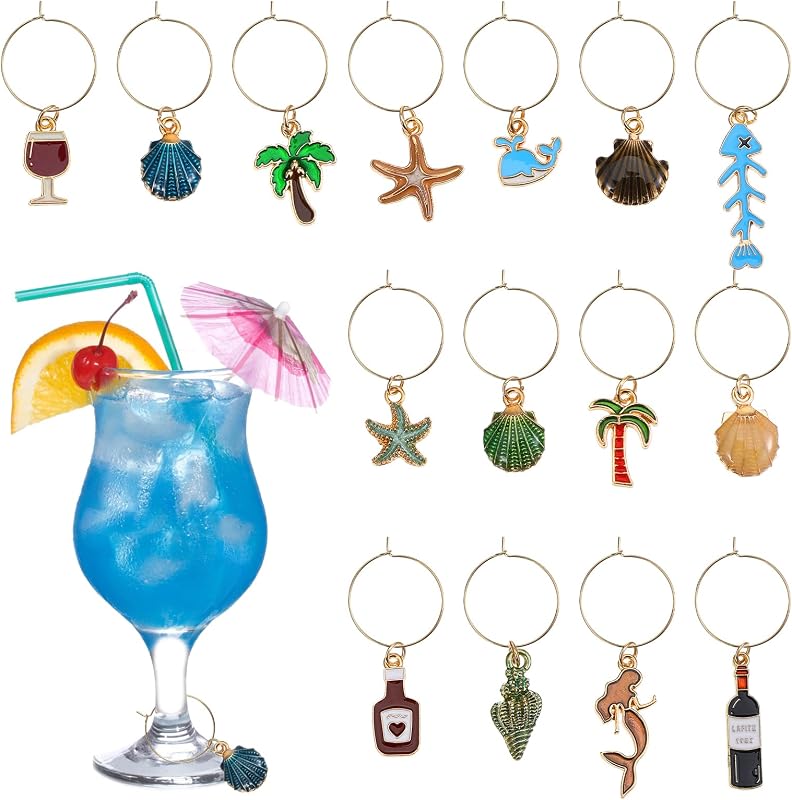 15 colgantes para copas de vino con temática oceánica, marcadores de bebidas para copas de tallo, etiquetas identificadoras de bebidas para decoraciones de fiestas, bodas, hogar y bares