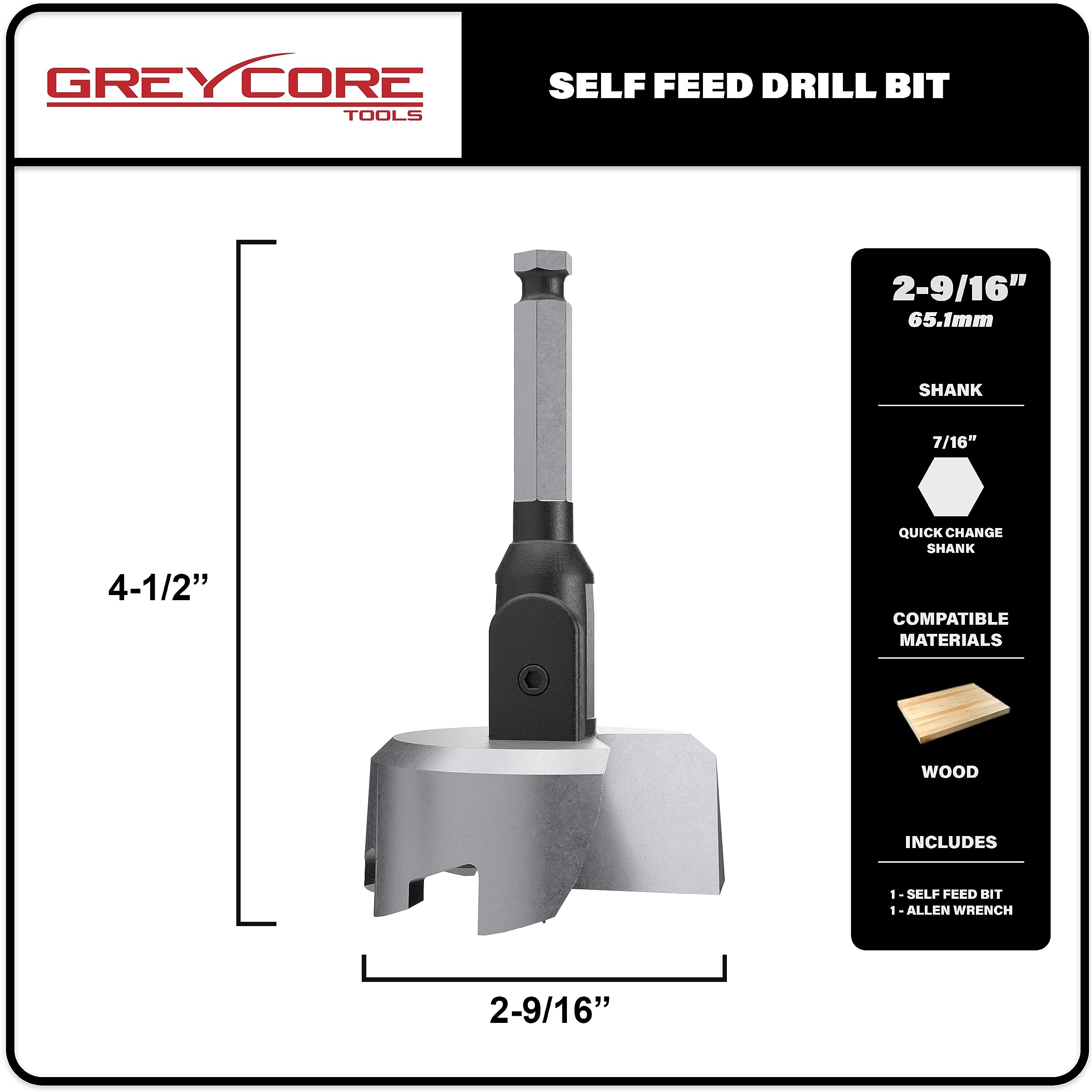 Greycore Tools Self-Feed Drill Bit – Single-Cutter Self Feed Drill 2-9/16 Inch – Professional Boring Drill Bits for Woodworking – Aggressive Feed Screw Thread for Fast and Smooth Drilling — Amazon image 3
