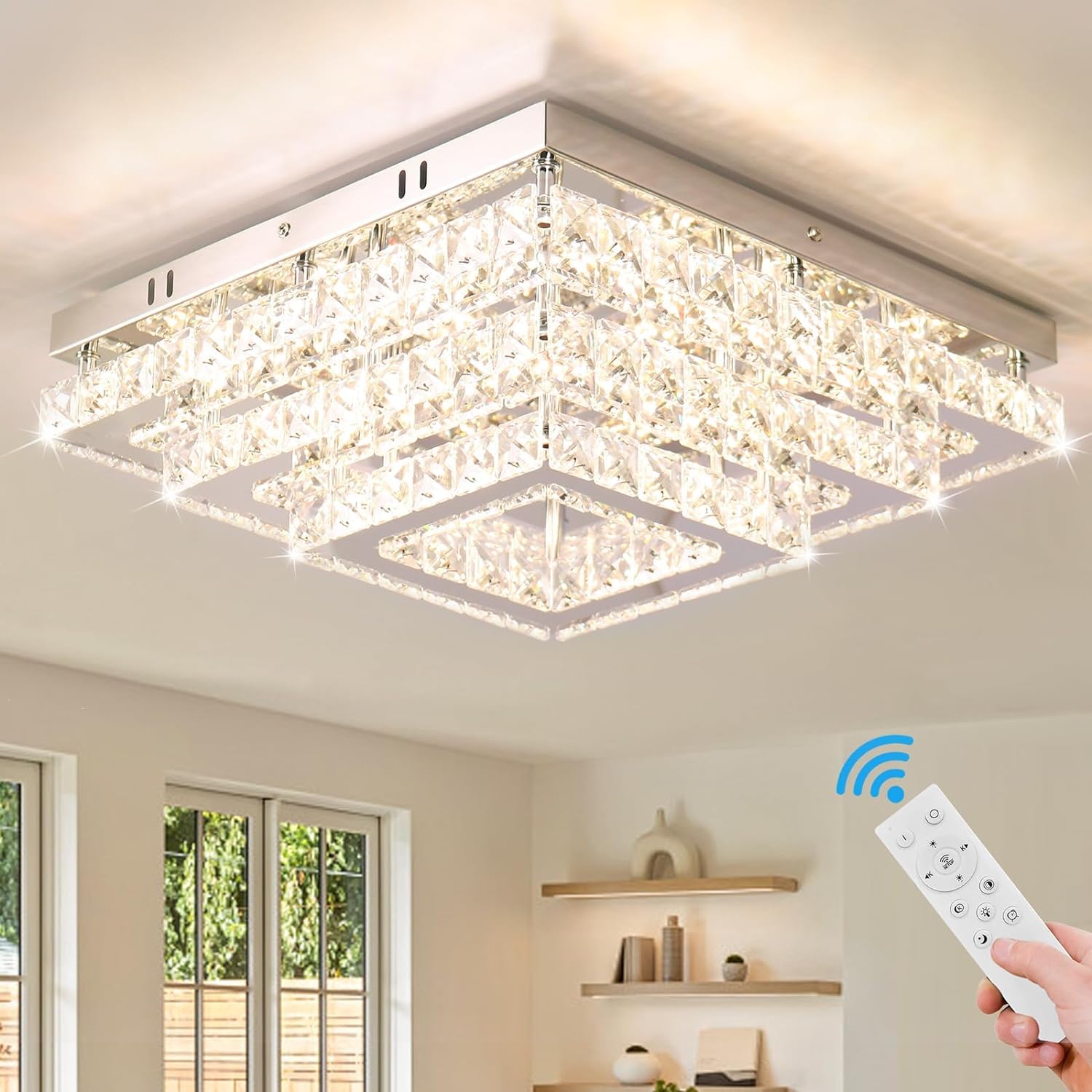Fintonglan Plafón LED de Cristal Cuadrado 38 cm Regulable, 3 Niveles Semiempotrado de Acero Inoxidable, Lámpara de Techo Moderna para Dormitorio, Salón y Comedor