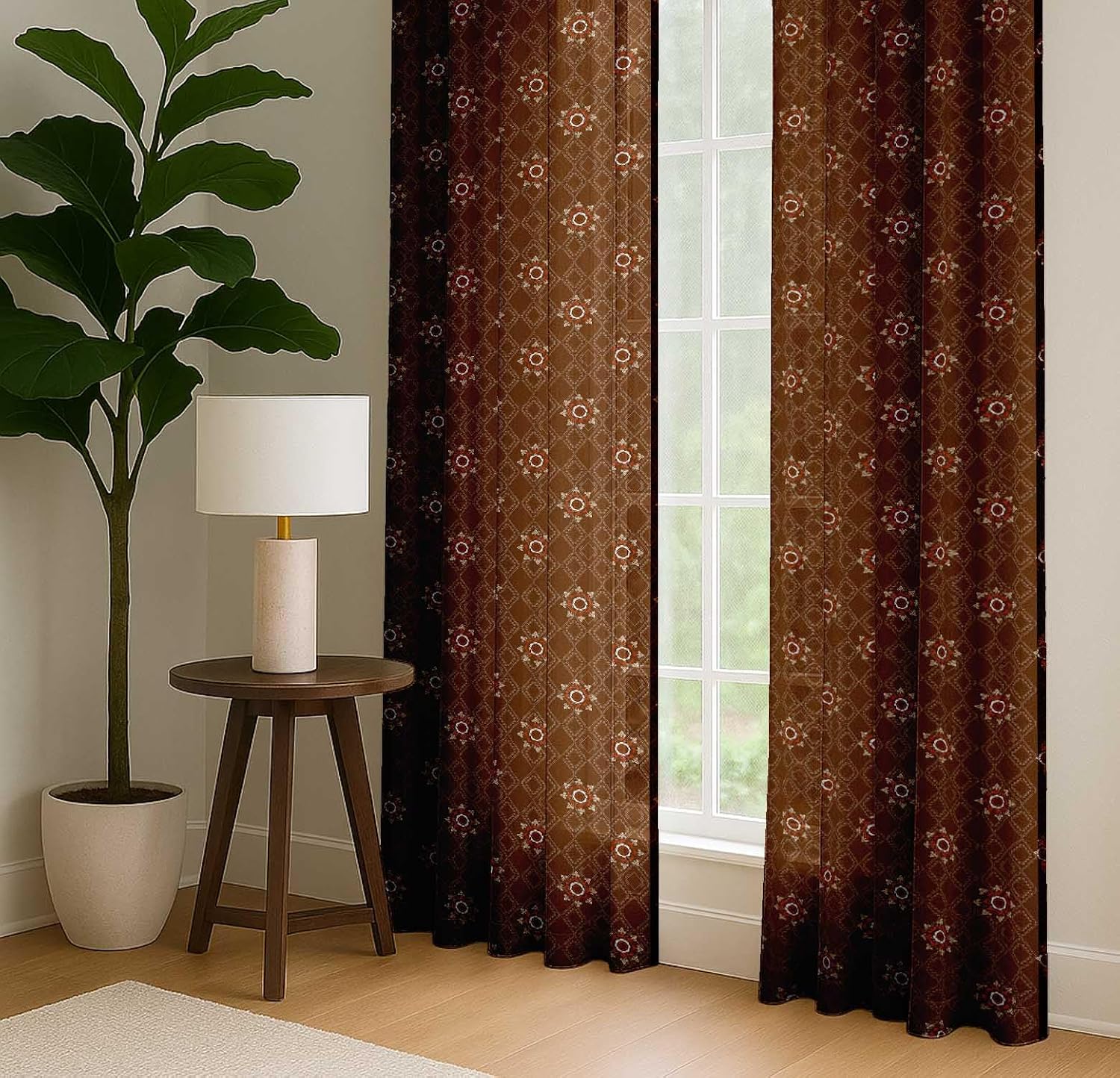 Cotton Curtains for Windows - 3-in-1 Rod Pocket/Back Tab Short Window Drapes - Light Filtering Cotton Canvas Panels - Set of 2, 52"x63" - Geometric Print (Brown)