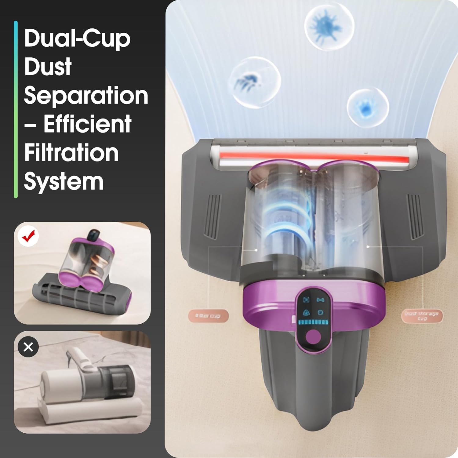 Cordless Handheld Vacuum for Mattress, Sofa & Carpet - Strong Suction, Cleaning Light with Vibration Technology - Portable Bed, Couch, Furniture Cleaner（Grayish Purple）