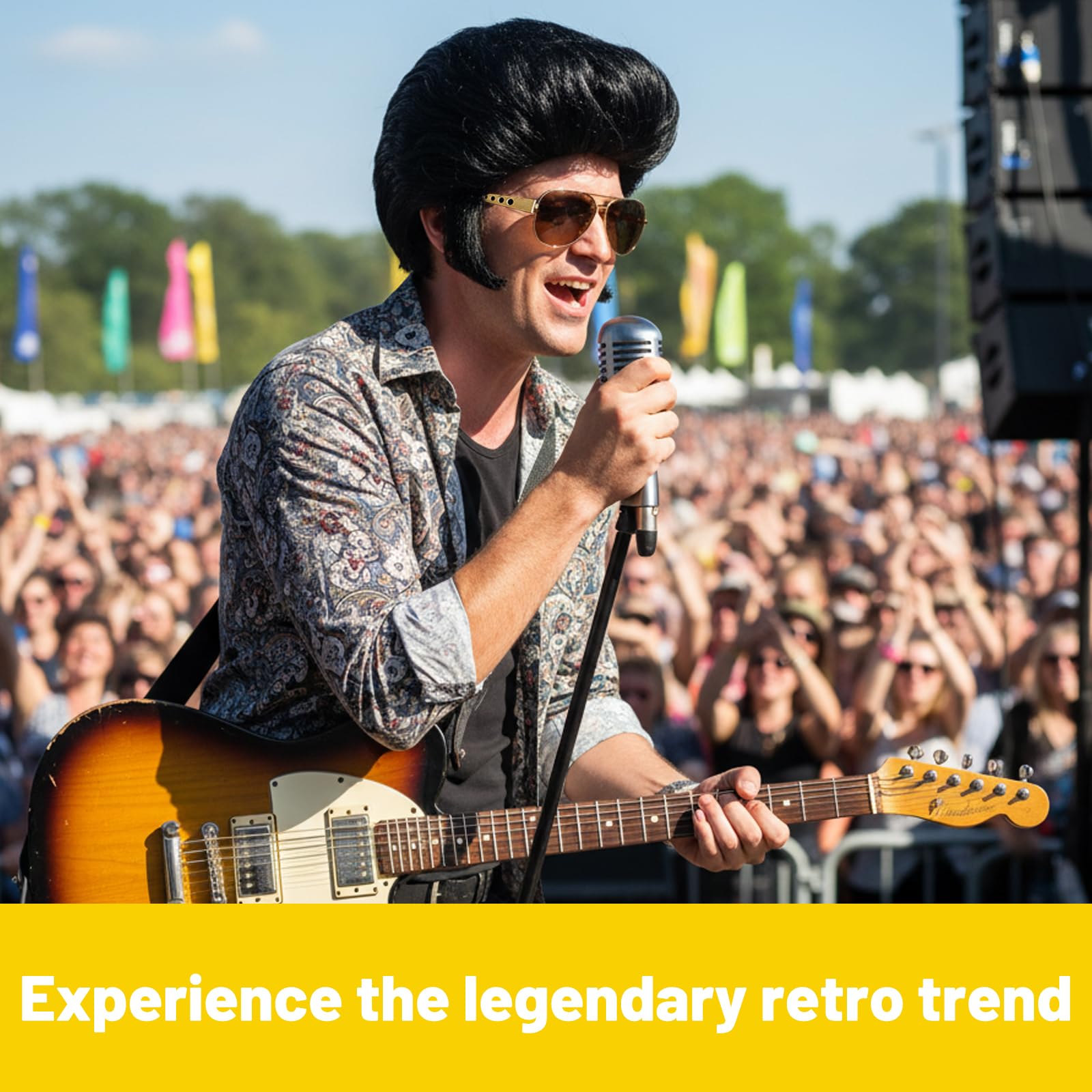 3-Piece Rock Legend Wig Set, Men's Black Wig for 50s 60s Rocker Costume, Includes Retro Glasses and Necklace - Image 4