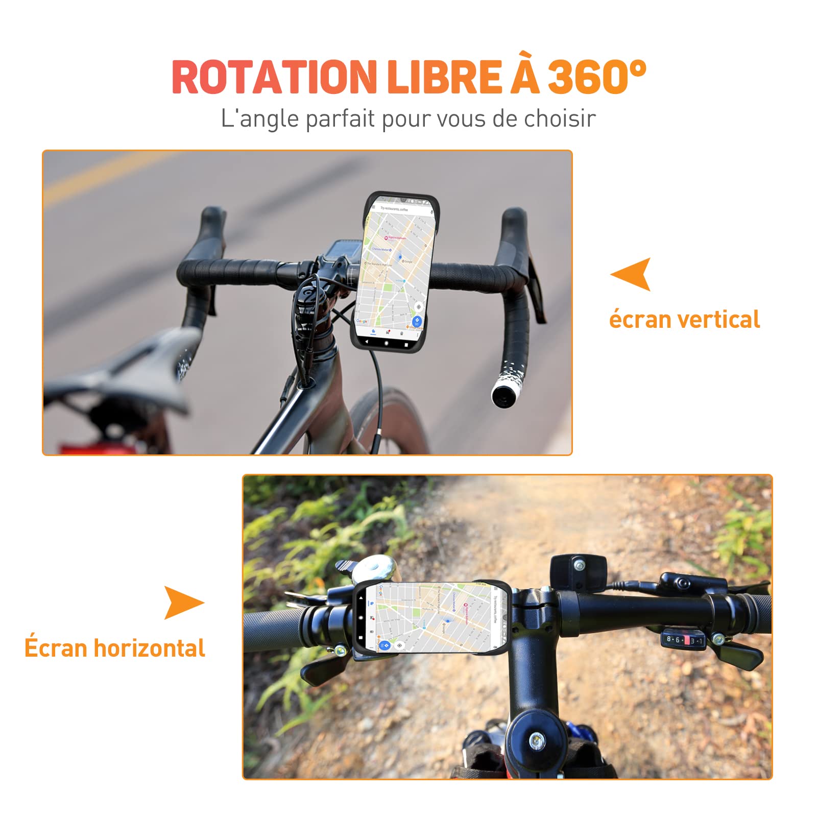 Support Téléphone Vélo, Support Téléphone Moto 360° Rotation, Universel Porte Telephone Velo pour Trotinette Electrique, VTT, Trottinette, Scooter, Moto Sportive, 4.5-7 Pouces Smartphones