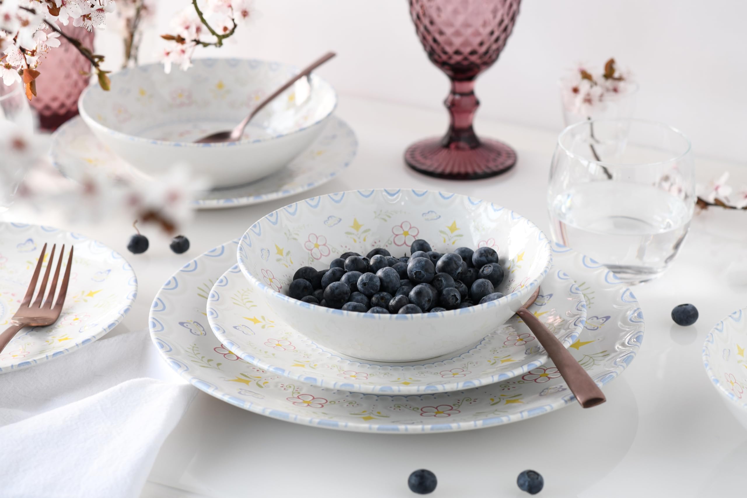 CreaTable, 24867, seria Primavera, 16-częściowy zestaw naczyń dla 4 osób, zestaw talerzy z kamionki, nadaje się do mycia w zmywarce i używania w kuchence mikrofalowej, wyprodukowano w Europie