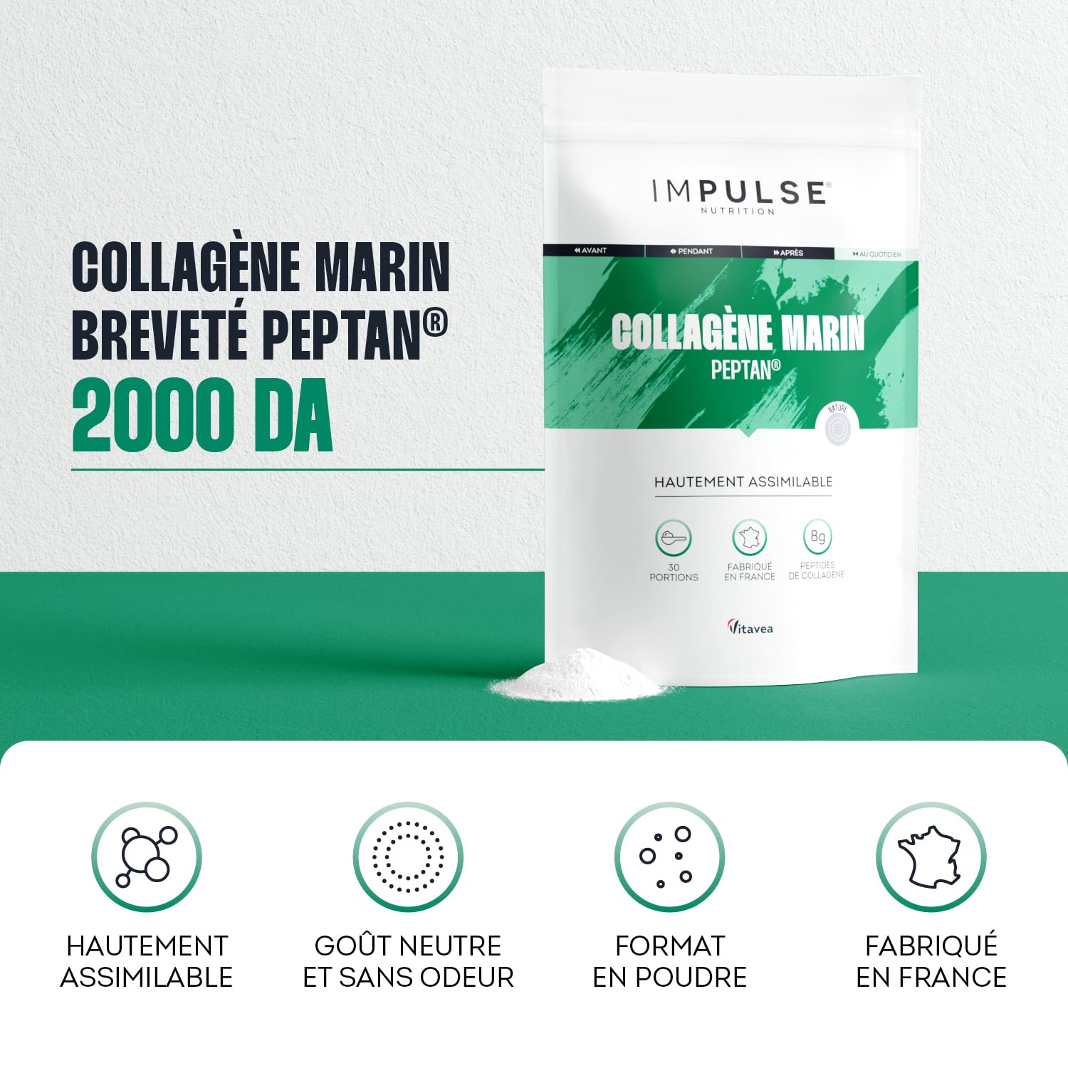 Impulse Nutrition - Collagène Marin Hydrolysé Type 1 Peptan® en Poudre avec Vitamine C - Complément Alimentaire Récupération, Articulations & Peau - 270g - Goût neutre - Fabriqué en France