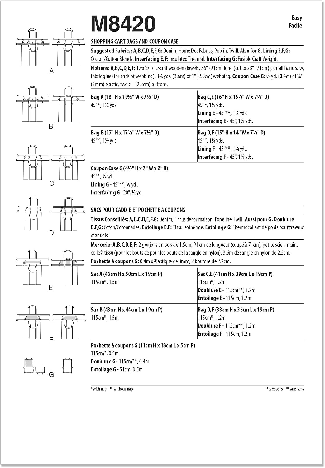 McCall's M8420OS Shopping Cart Bags Sewing Pattern Kit, Design Code M8420, One Size