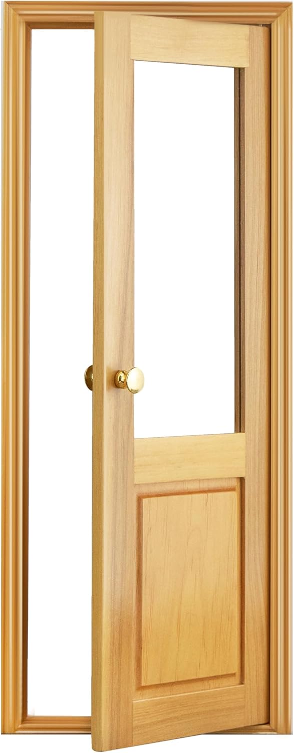1/6 Scale Wooden Dollhouse 2 Panel Door with Glass – 2-Panel Design with Handles – Classic Design with Glass – Easy Installation– Multiple Colors Available (Clear Varnished)