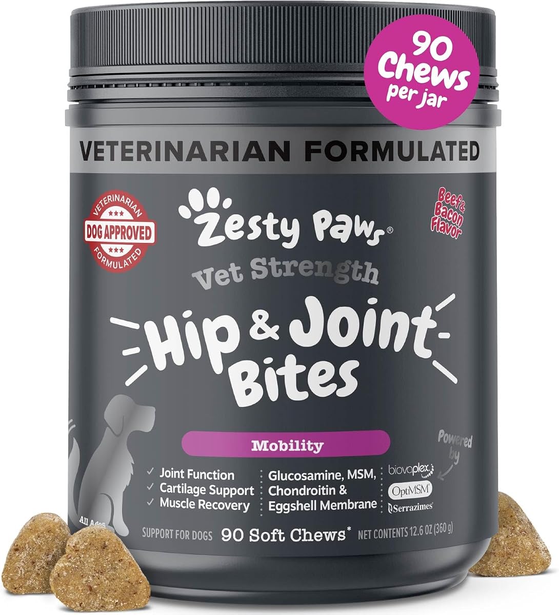 Vet Strength Mobility Bites Beef & Bacon Flavor Hip & Joint Support Chews for Dogs with Glucosamine, Chondroitin, MSM, Hyaluronic Acid & Serrazimes - 90 Count