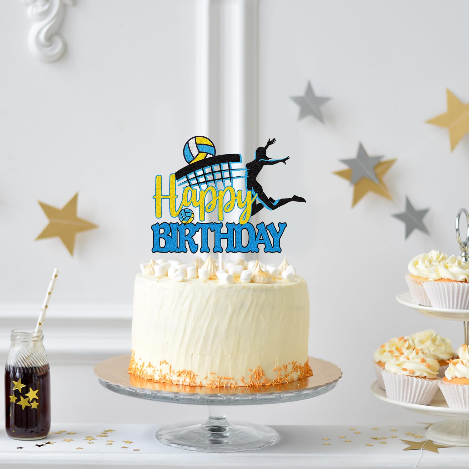 Volleyball Happy Birthday Cake Topper Glitter Pink