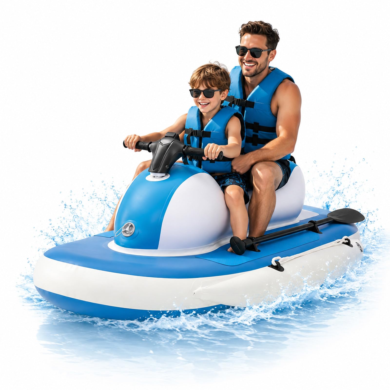 Aredwhiterui 3-in-1 Inflatable Jet Ski for Adults, 500W Jet Boat with 5-Air-Chamber Stable Design, Upgraded Steering Handle & Paddle Mode for Teens, Family Pools, Lakes & Coastal Water Play Unpowered
