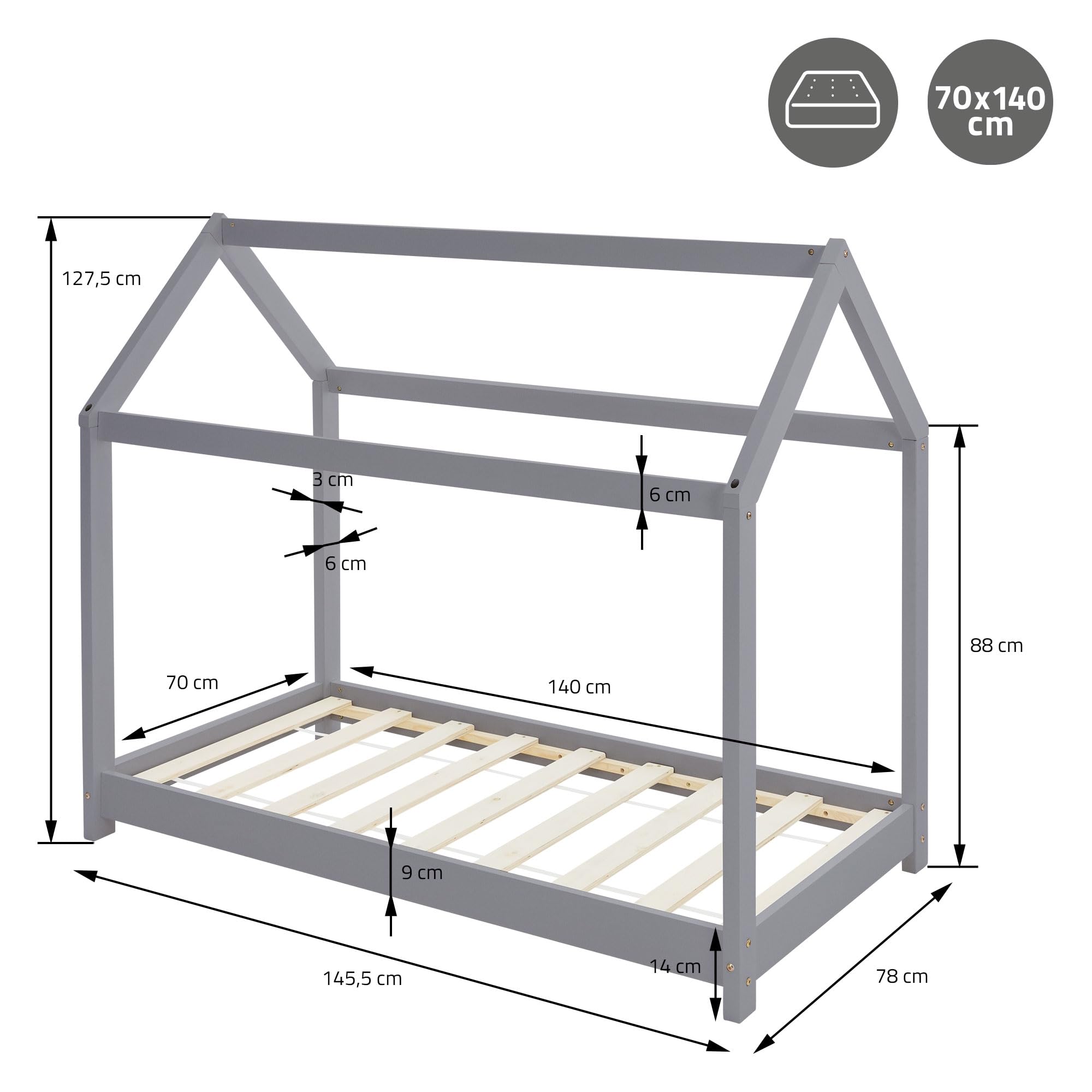 Lettino Bambini A Forma Di Casa - Letto Montessori In Legno Di Pino, 70x140cm, Bianco - Foto 9