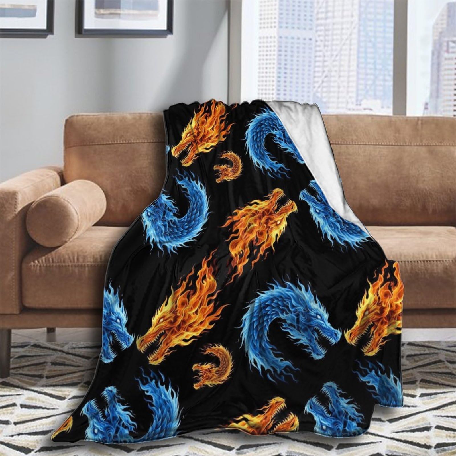 Oudrspo Fleece Blanket for Couch Throw Blanket for Women Men Ice Blue and Red Fire Flame Dragon Cozy Blankets 50x40 Inches