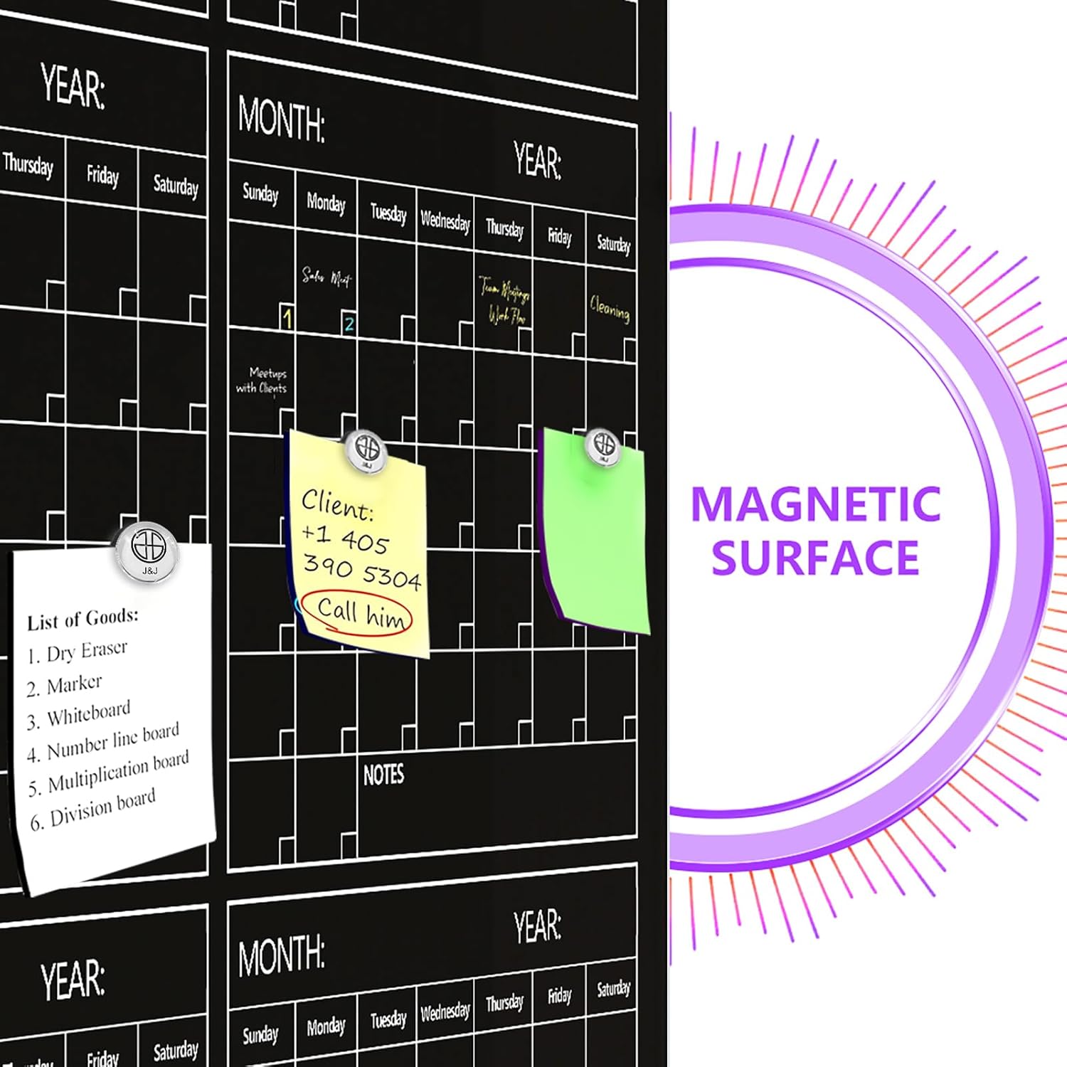 Magnetic Whiteboard Calendar Black Glass Board Yearly Calendar - 35" X 47" Large Wall Calendar - White Board Dry Erase Planner for Wall Home, School, Office
