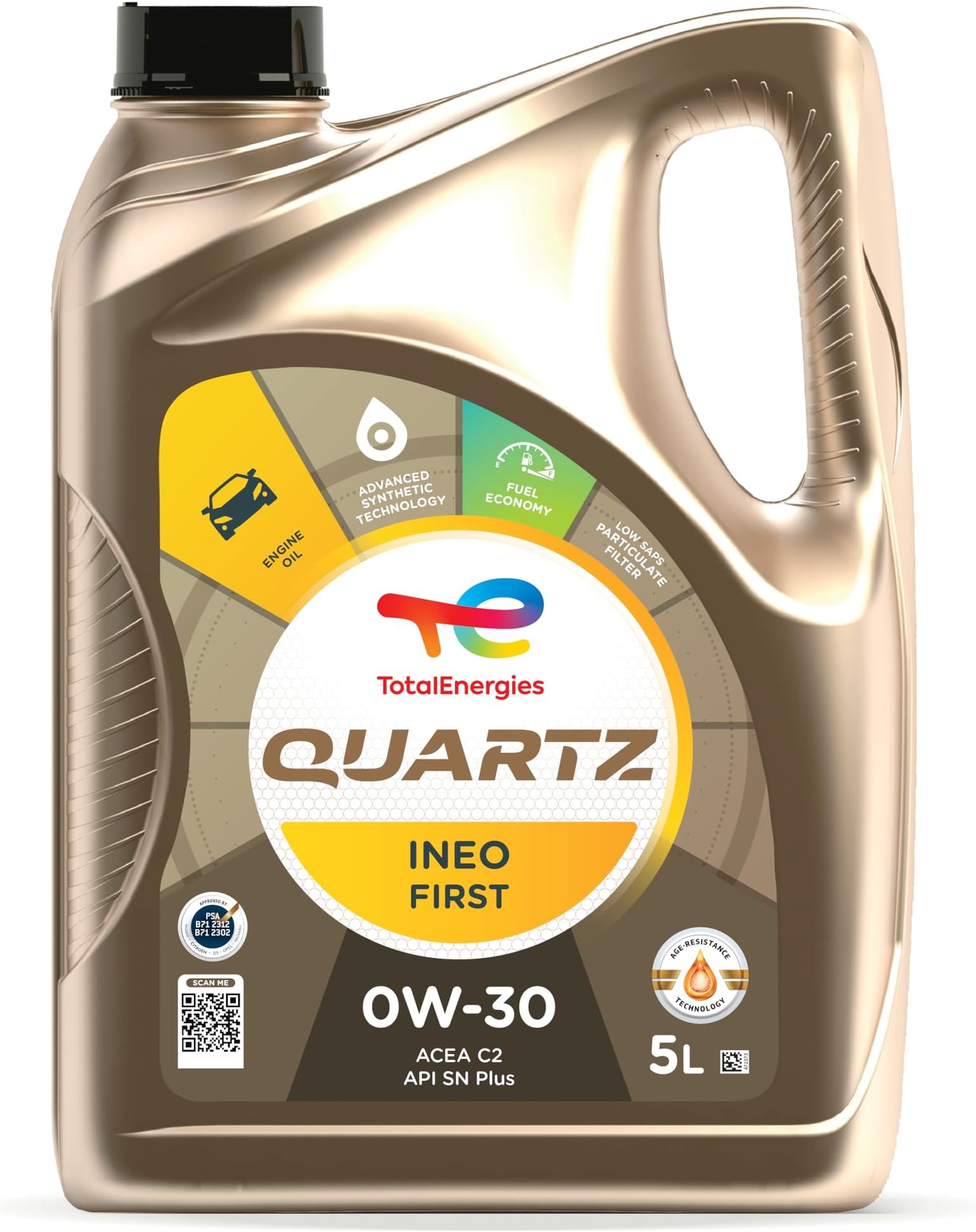 Quartz INEO First 0W30 Engine Oil Low SAPS - Age-Resistance Technology - Fuel Economy Formula - Advanced Synthetic Motor Oil Lubricant - 5L