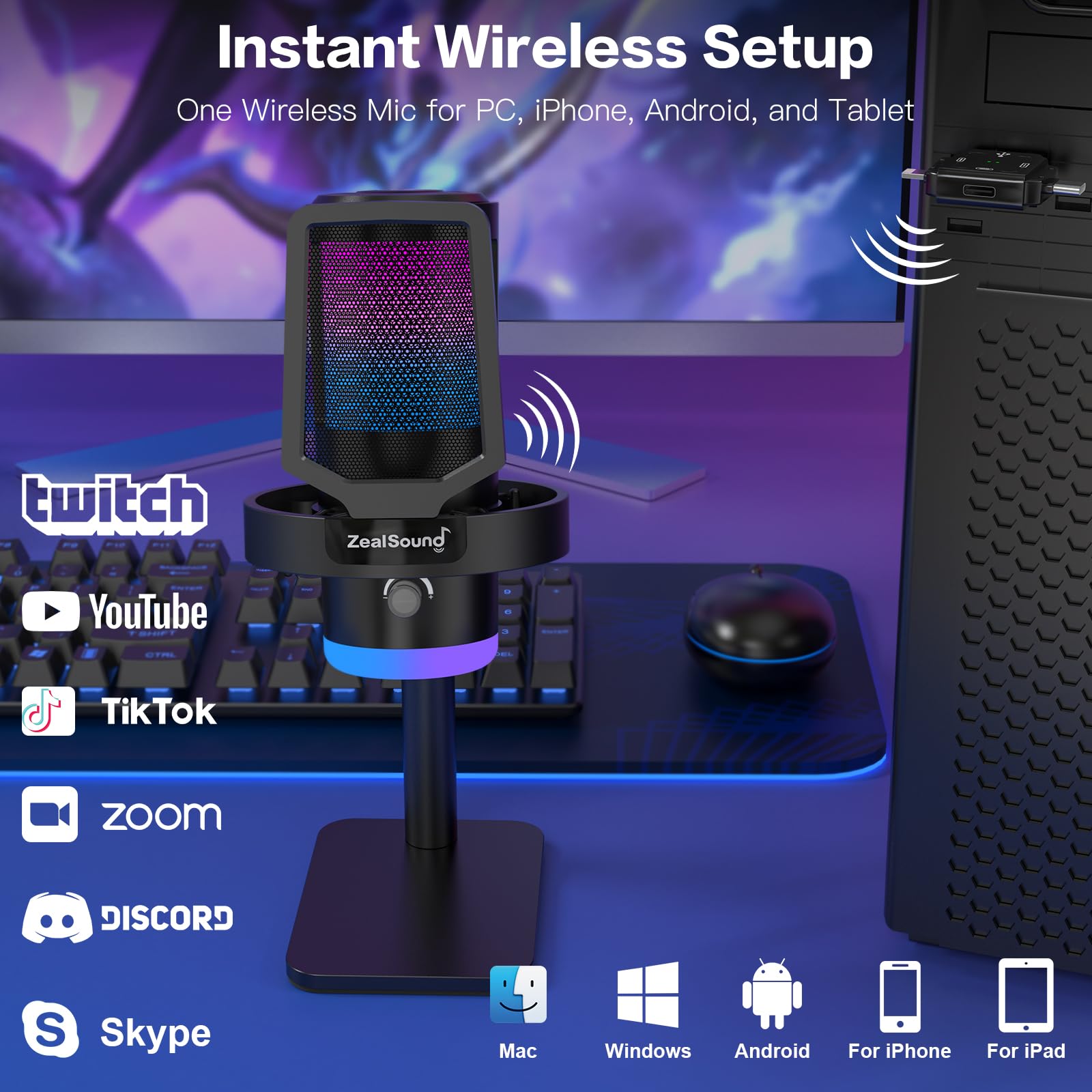 zealsound USB Mikrofon Kabellos, Gaming Mikrofon PC mit Rauschunterdrückung
