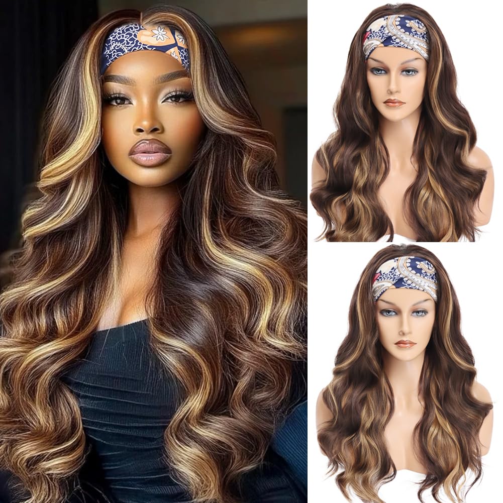 Light Brown Highlight Headband Wig Ombre Brown Body Wave Headband Wigs for Black Women Colored Long Wavy Wig 26 Inch 26 Inch (Pack of 1) Light Brown Highlight