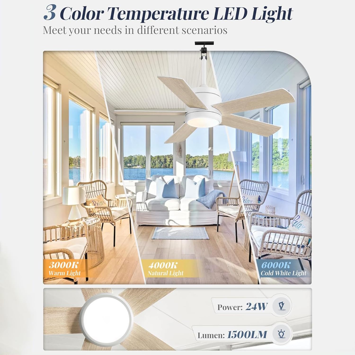 Ventilateur Plafond 106CM avec Lumiere IP65 Étanche Dimmable Télécommande Silencieux pour Intérieur Extérieur