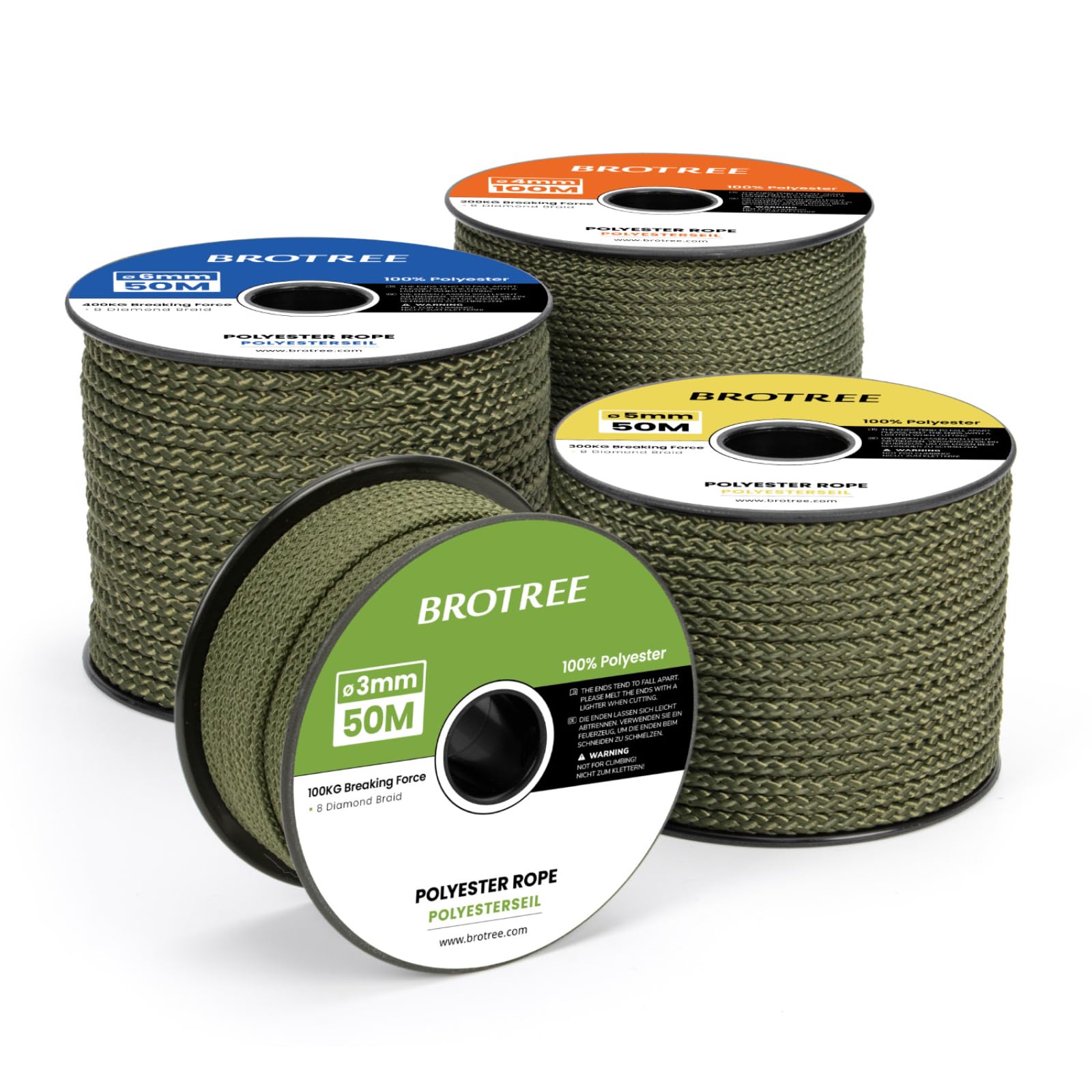 Brotree Polyester Rope 3mm x 30m Army Green - Diamond Braided Rope Cord Low Stretch - 100KG Breaking Load