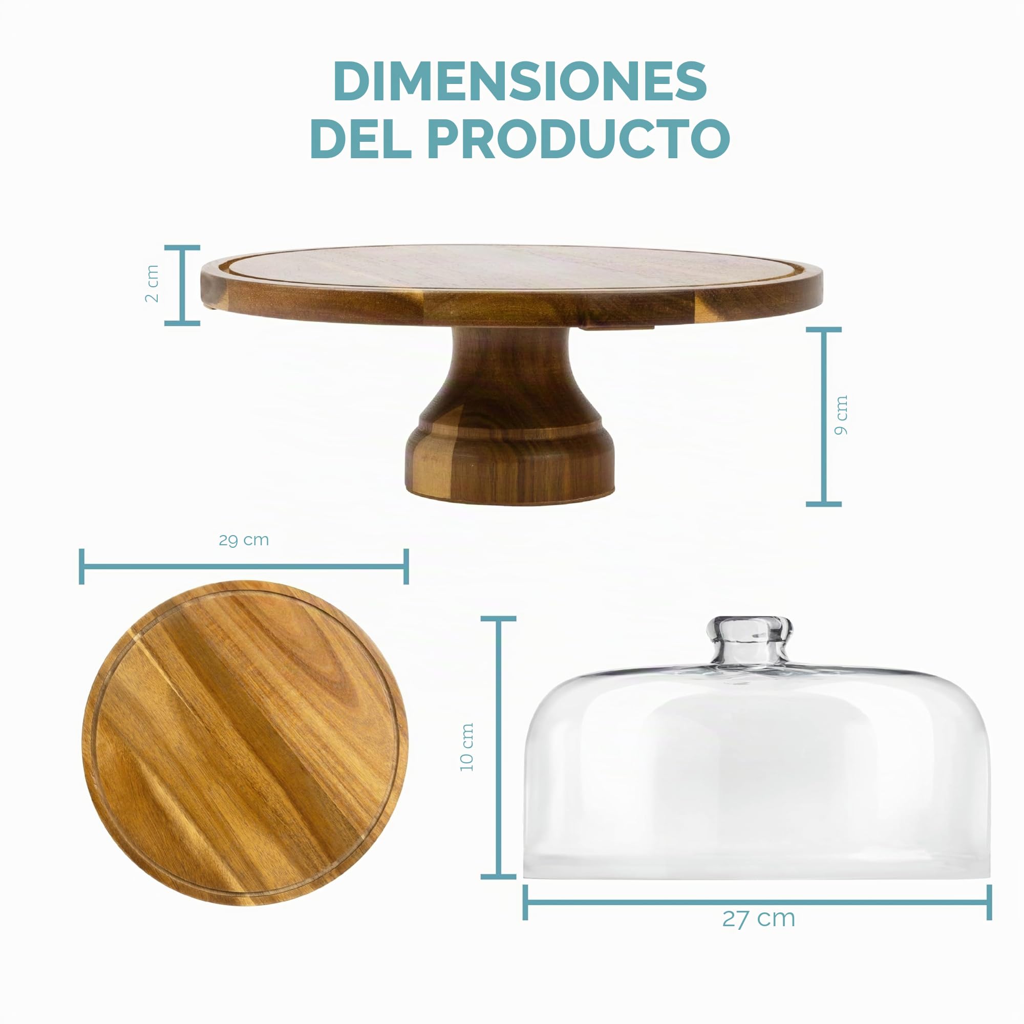 HEFTMAN Soporte para tartas de 10 pulgadas con tapa de cúpula – Soporte de exhibición antideslizante 2 en 1 de madera de acacia con cubierta de cúpula acrílica transparente para pasteles, pasteles