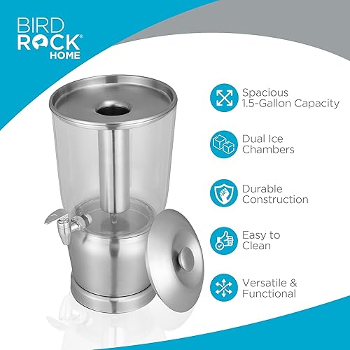 Miniatura 2 de BirdRock Home Dispensador de bebidas de acero inoxidable de 1.5 galones con recipiente de hielo, soporte y espita  redondo, plástico Tritan