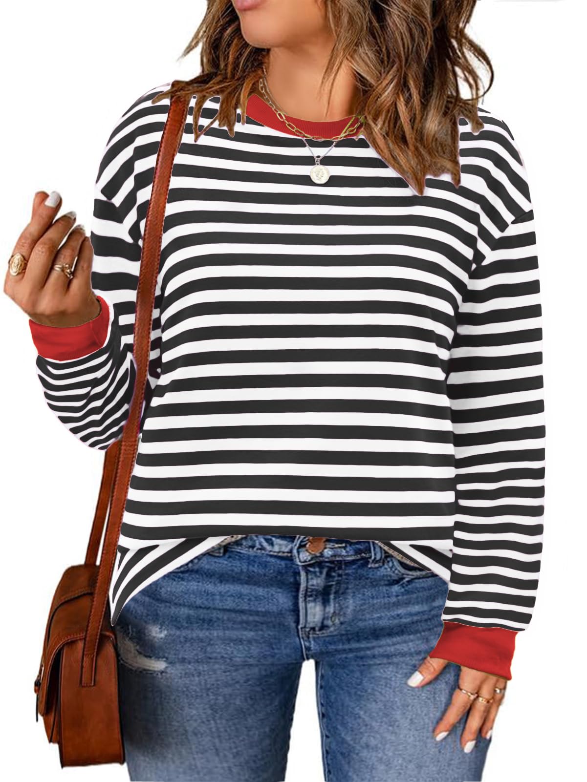VOGRACE Womens-Plus-Size-Sweatshirts Trendy Striped Color Block Tops Casual Long Sleeve Shirts Cute Oversized Crewneck Tunics