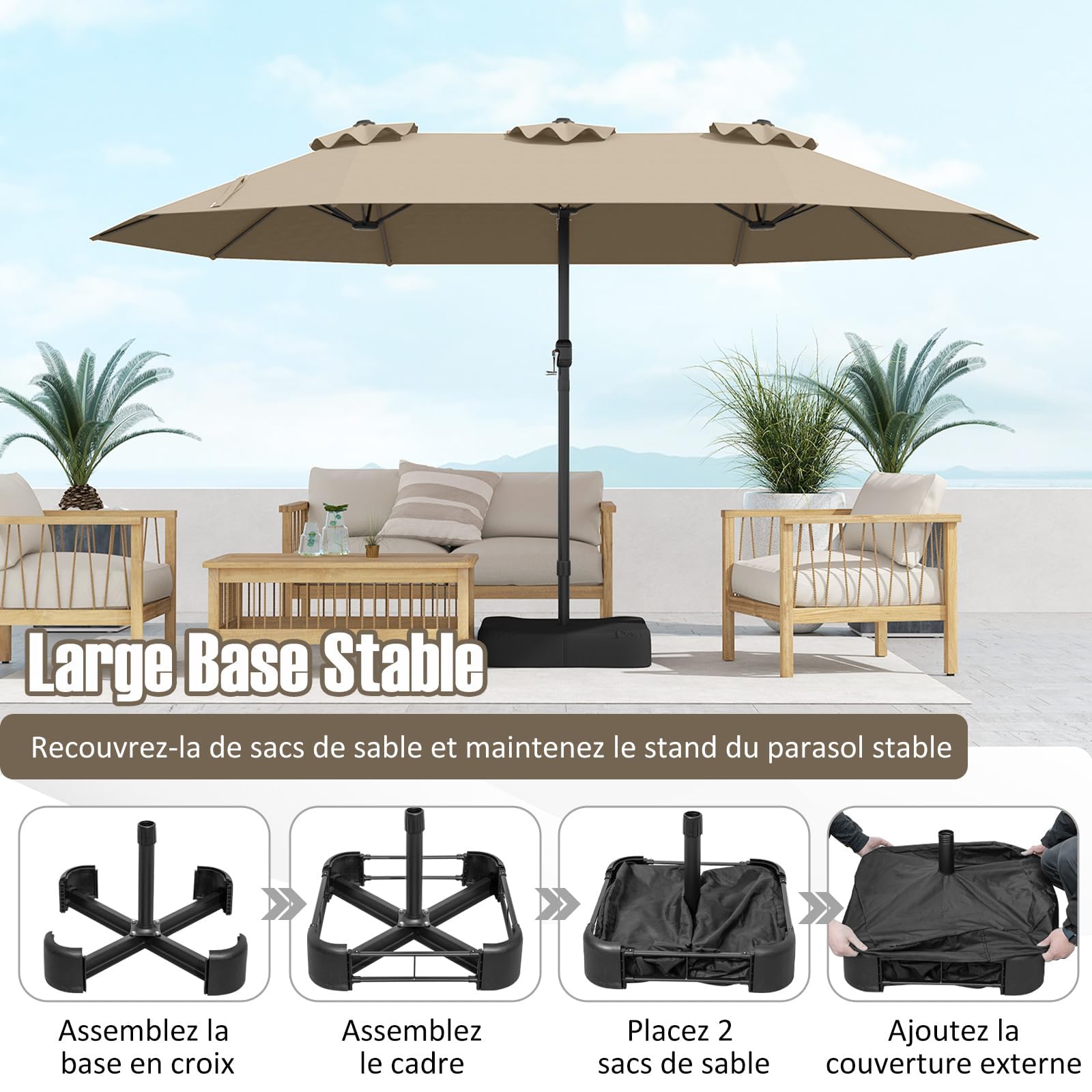 GOPLUS Parasol de Jardin Exterieur avec Pied, 4,5M Grand Parasol Rectangulaire Double Face, avec Manivelle, 12 Baleines, Base avec Sacs de Sable, pour Piscine Jardin Terrasse (Marron)