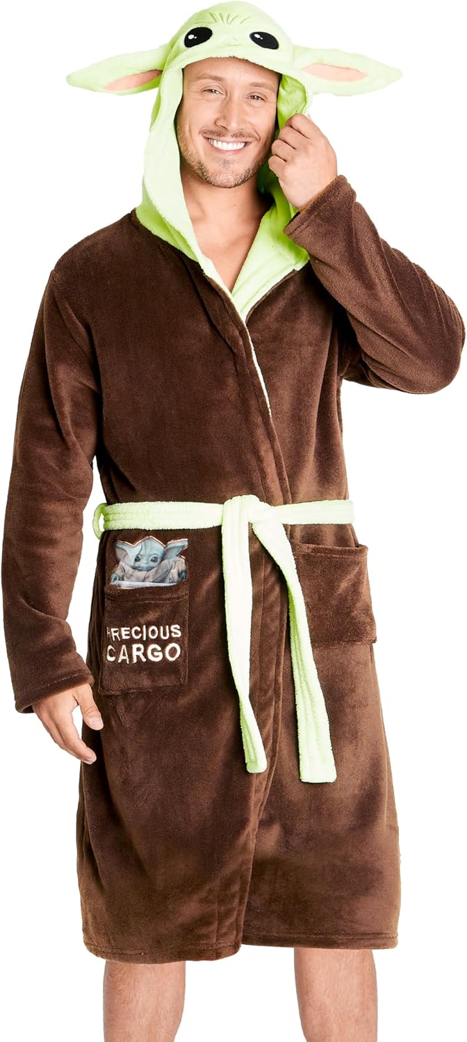 Disney The Mandalorian Dressing Gown Men, Teens, Fleece Hooded Bath Robe, Baby Yoda Gifts for Men